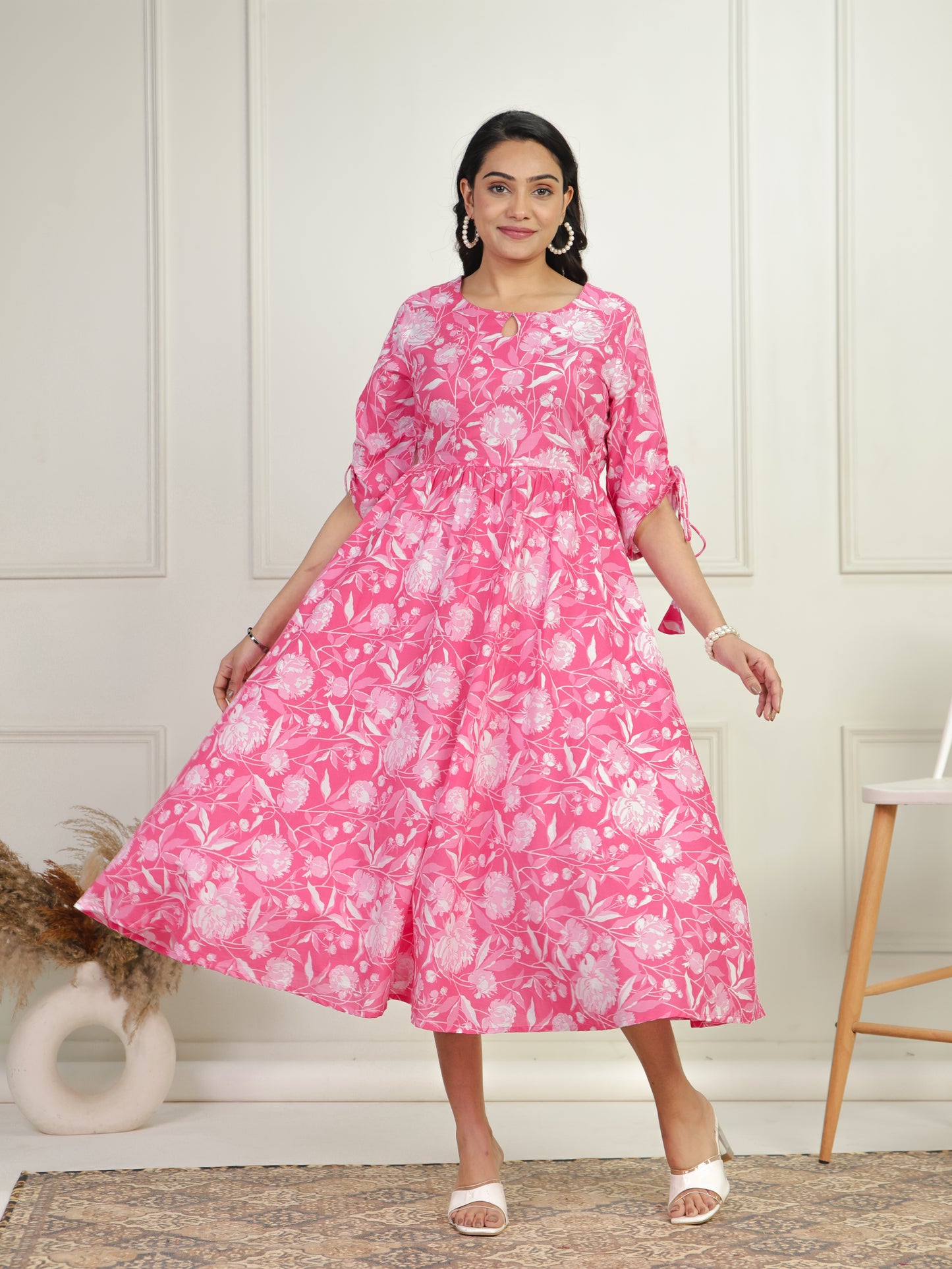 Soft Cotton Floral Flared Pink Dress