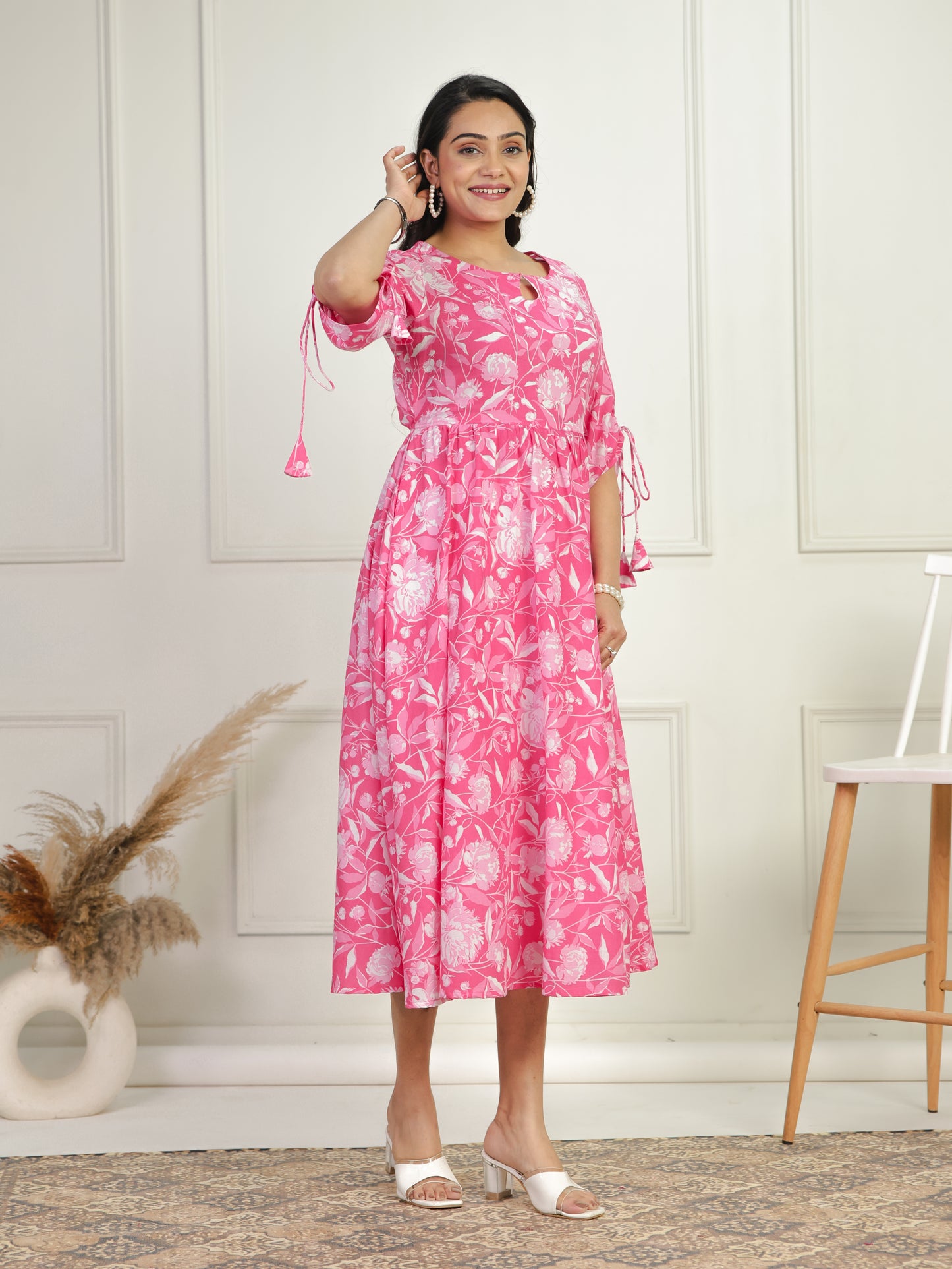 Soft Cotton Floral Flared Pink Dress