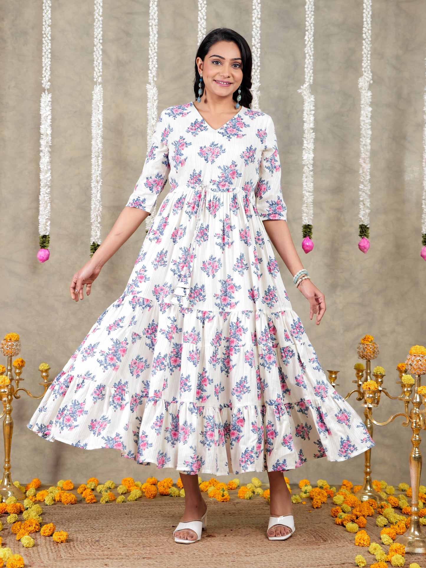 Embroidered Cotton Dobby Floral A-line Off White Dress