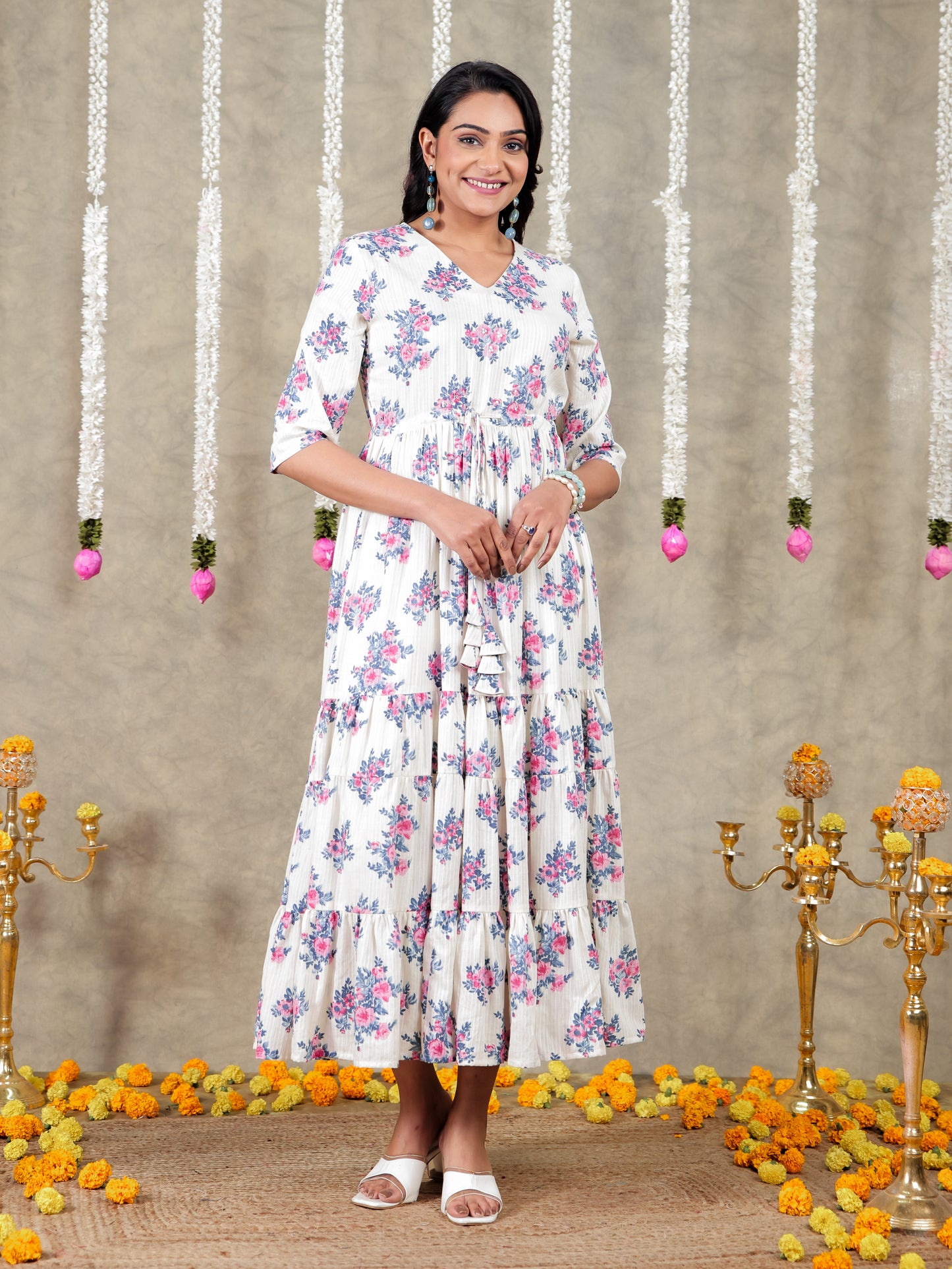 Embroidered Cotton Dobby Floral A-line Off White Dress