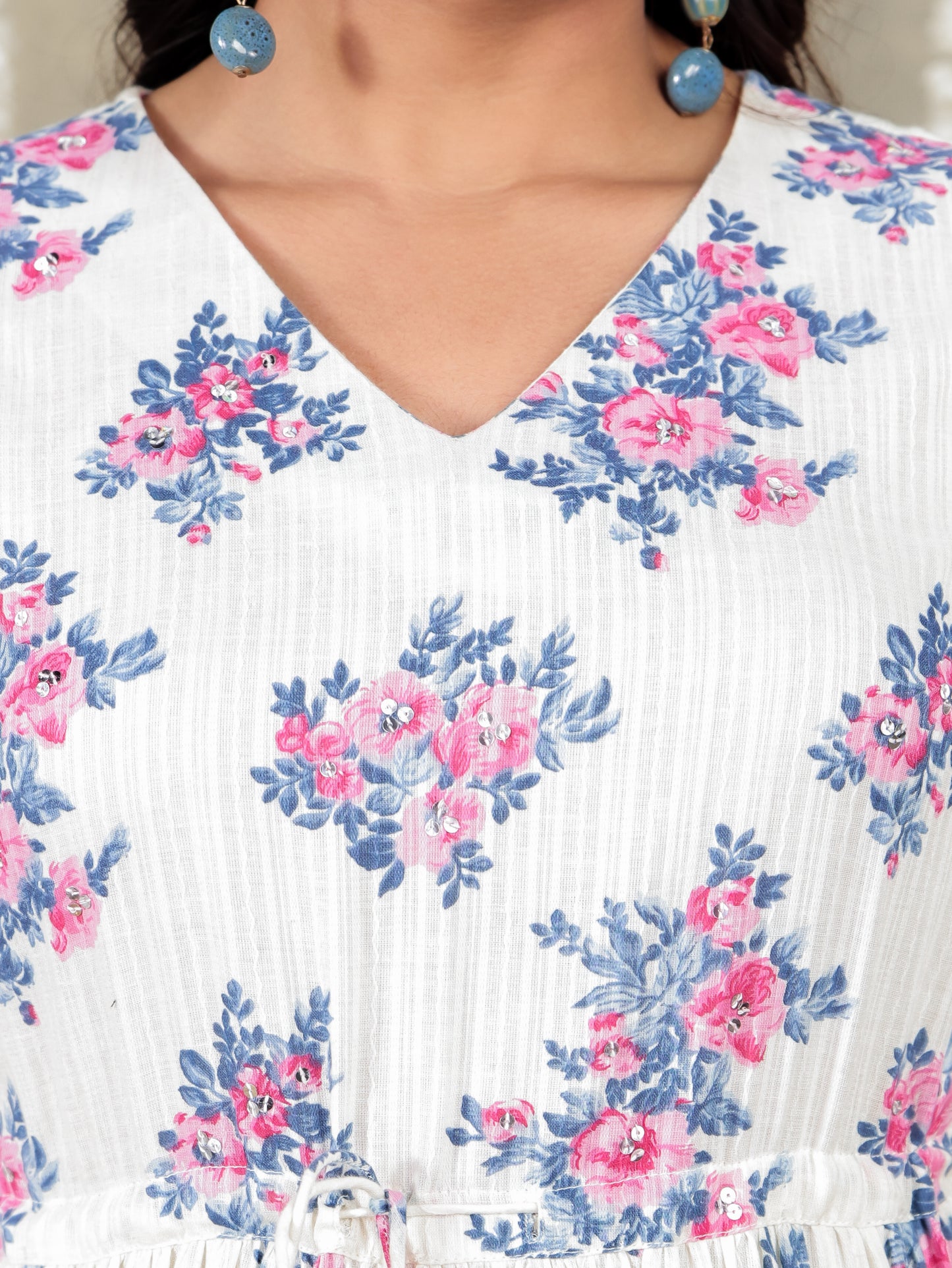 Embroidered Cotton Dobby Floral A-line Off White Dress