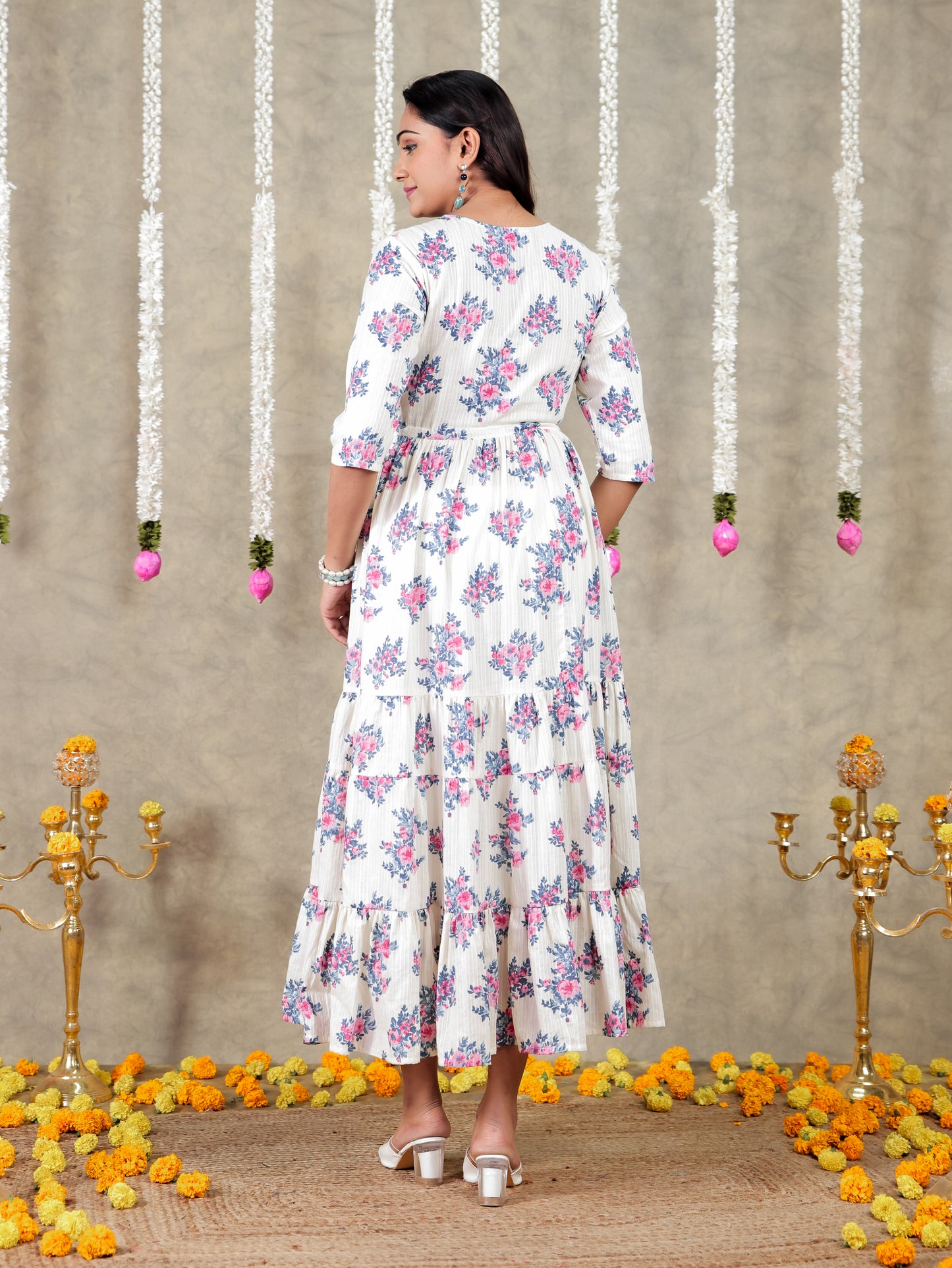 Embroidered Cotton Dobby Floral A-line Off White Dress