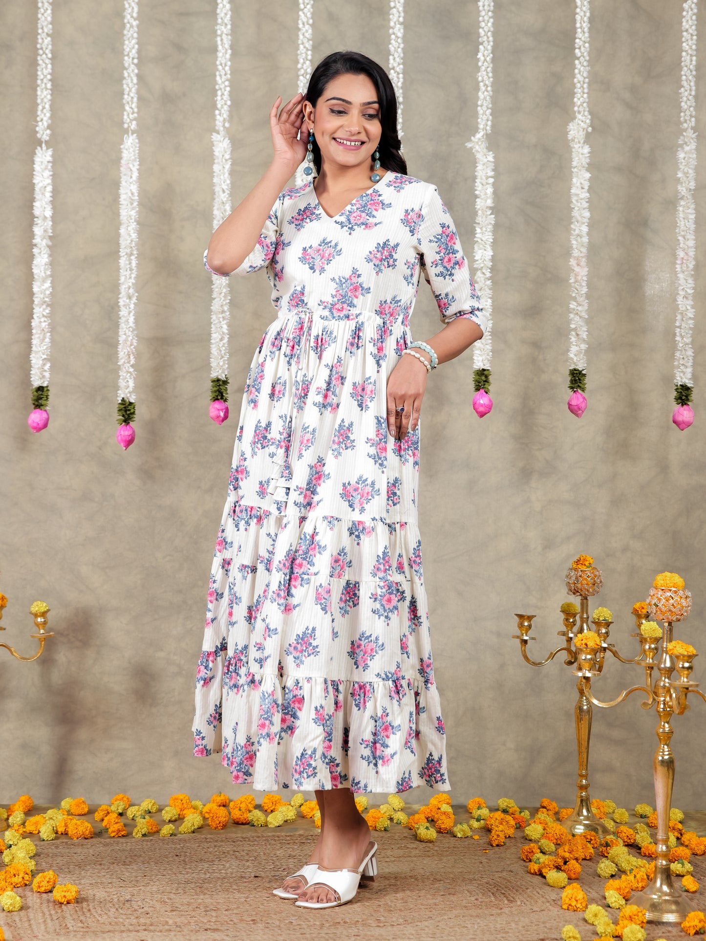 Embroidered Cotton Dobby Floral A-line Off White Dress