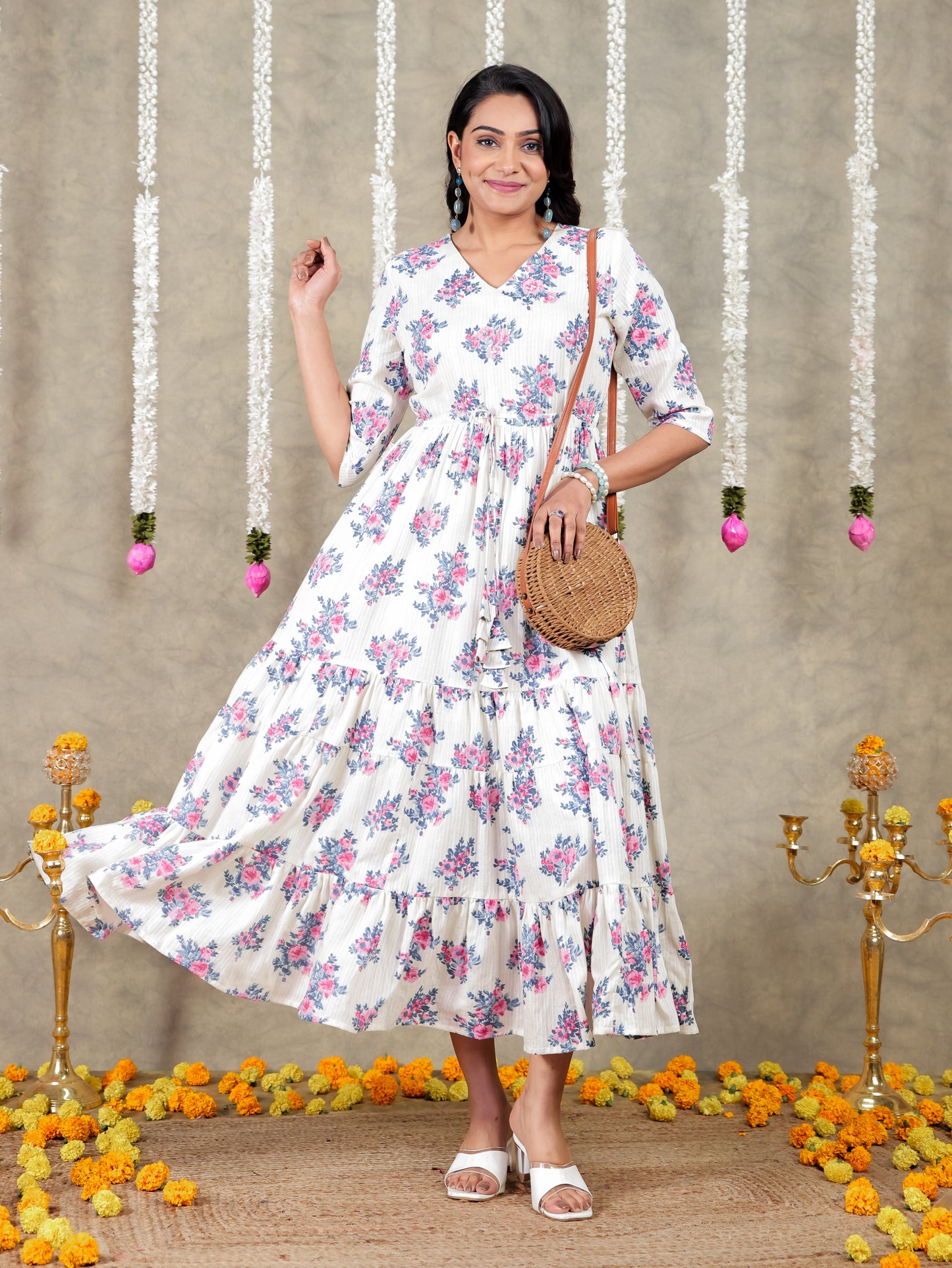 Embroidered Cotton Dobby Floral A-line Off White Dress