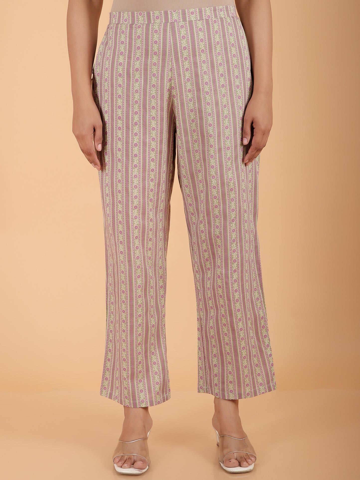 Soft Cotton Striped Green Straight Trousers