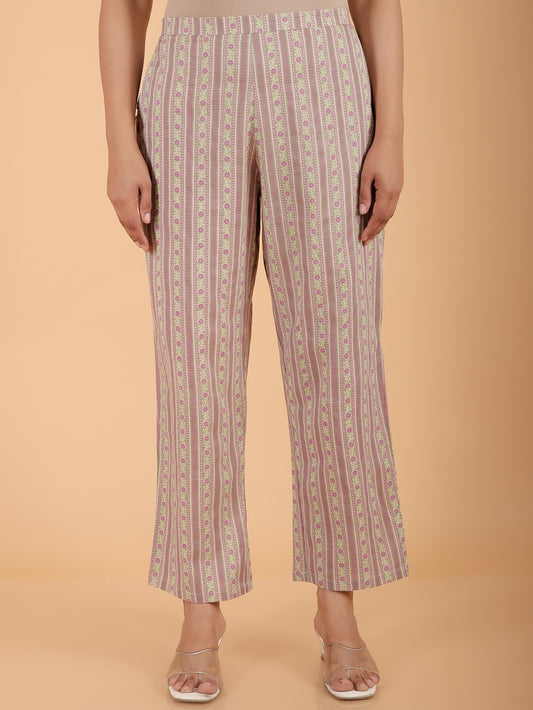 Soft Cotton Striped Green Straight Trousers