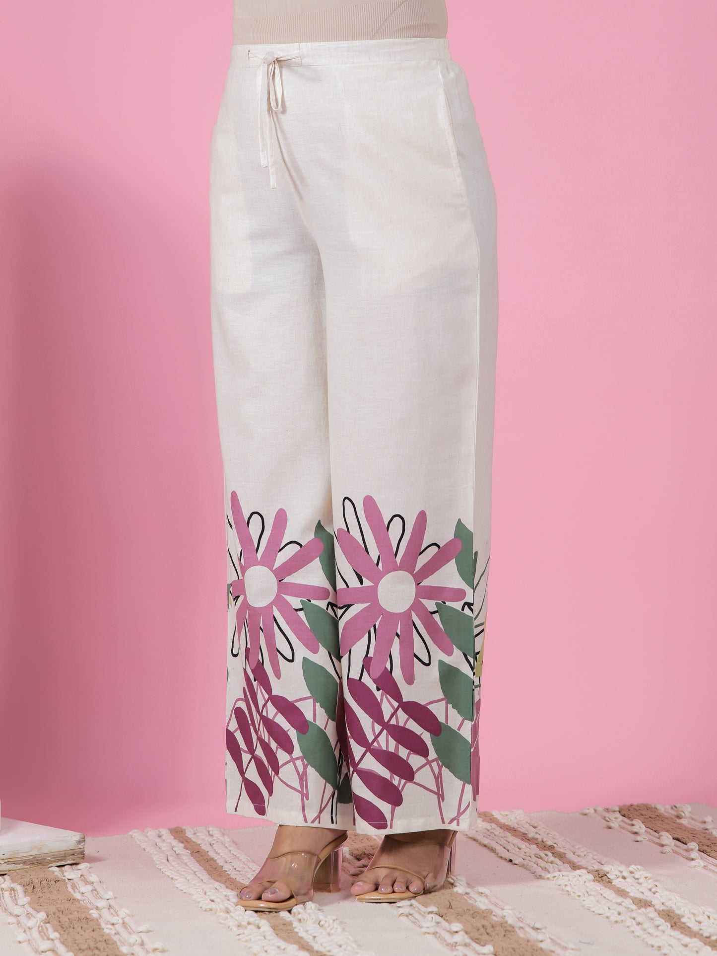 Linen Cotton Placement Print Straight Cream Kurta