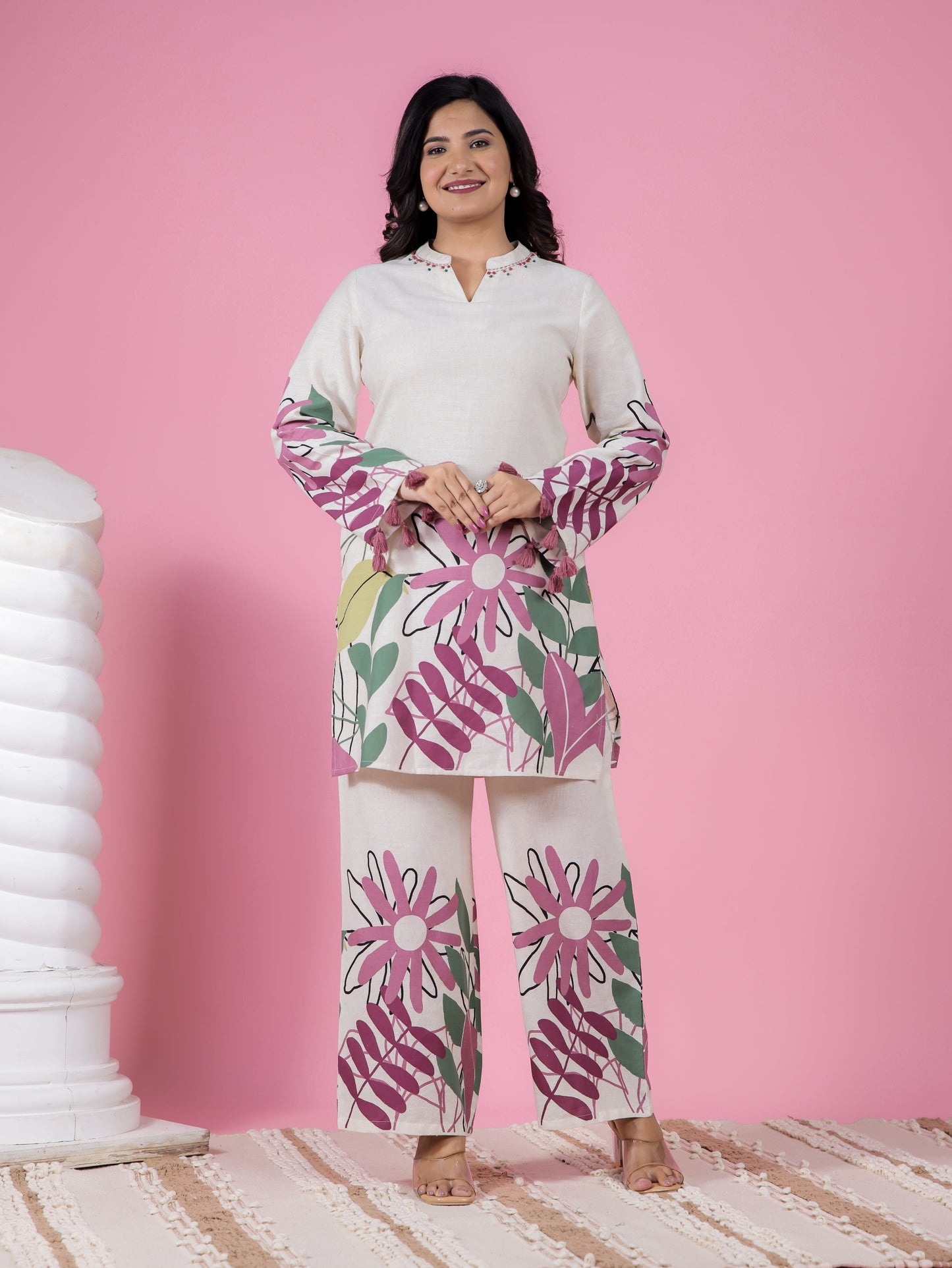Cotton Linen Placement Print Straight Cream Kurta