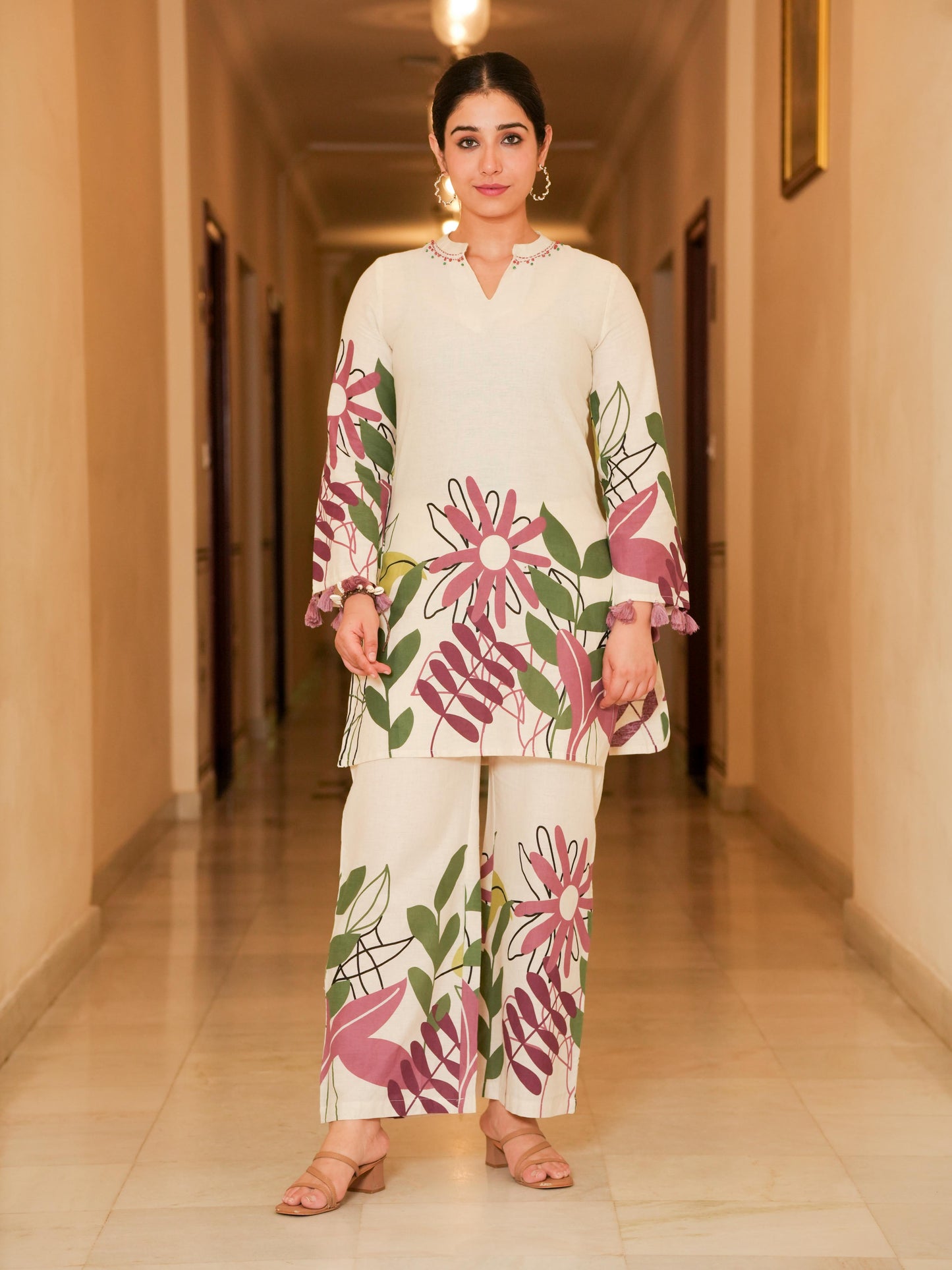 Linen Cotton Placement Print Straight Cream Kurta