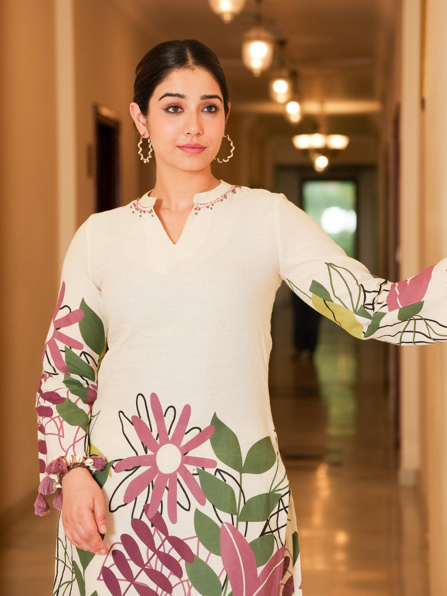Linen Cotton Placement Print Straight Cream Kurta