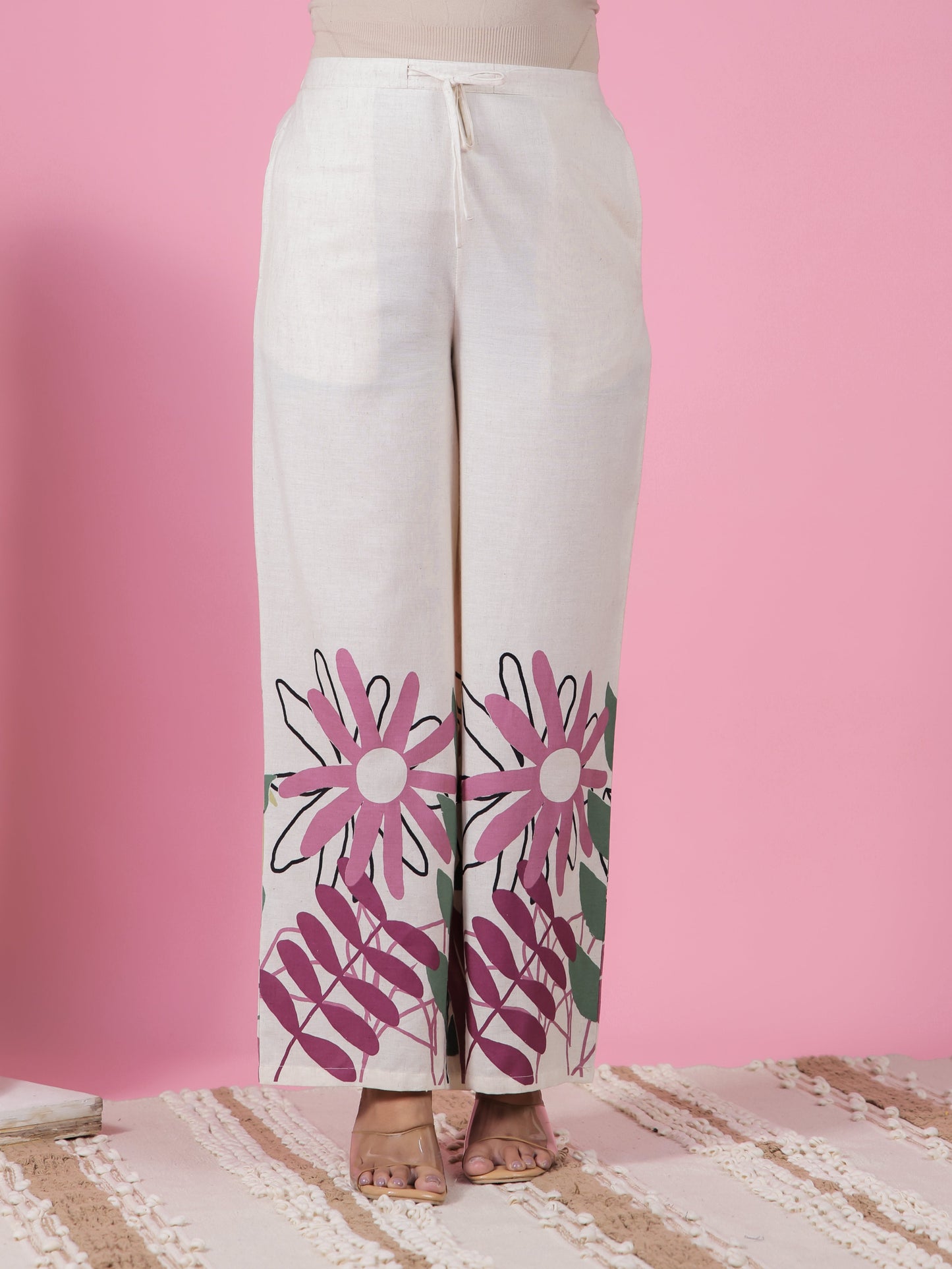 Cotton Linen Placement Print Straight Cream Kurta