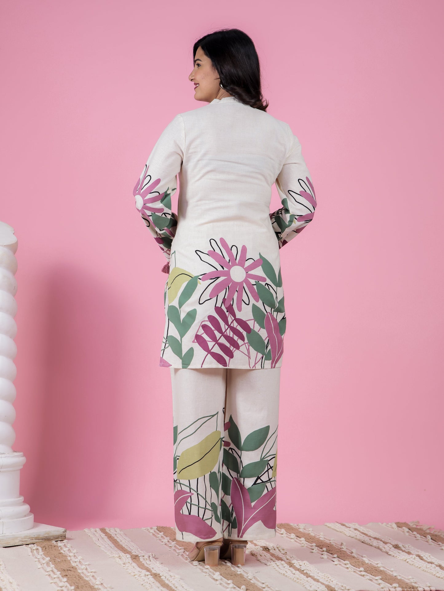 Cotton Linen Placement Print Straight Cream Kurta