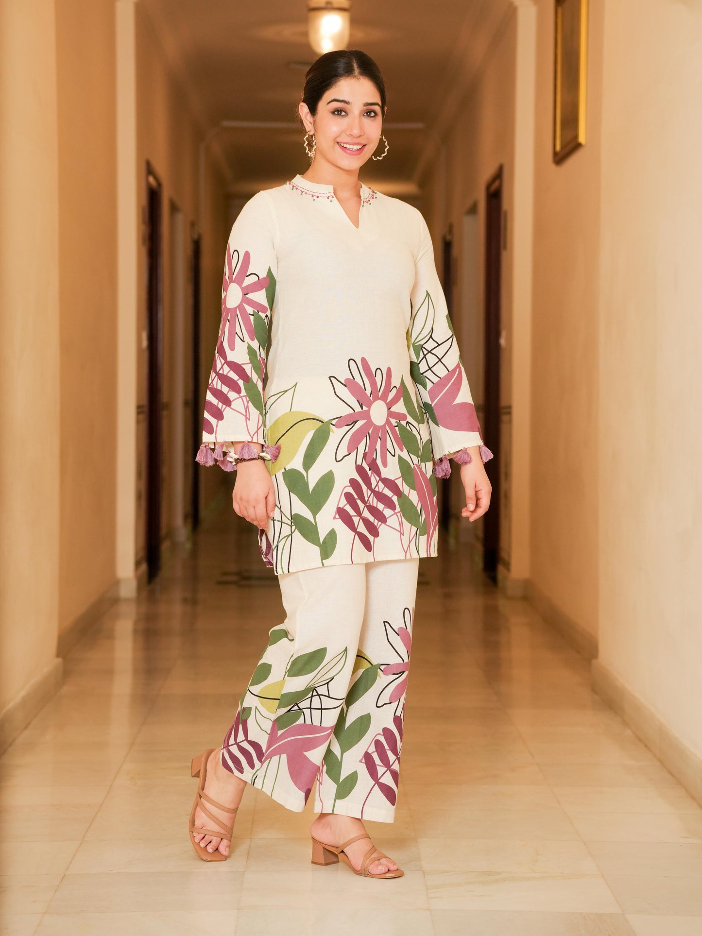 Linen Cotton Placement Print Straight Cream Kurta