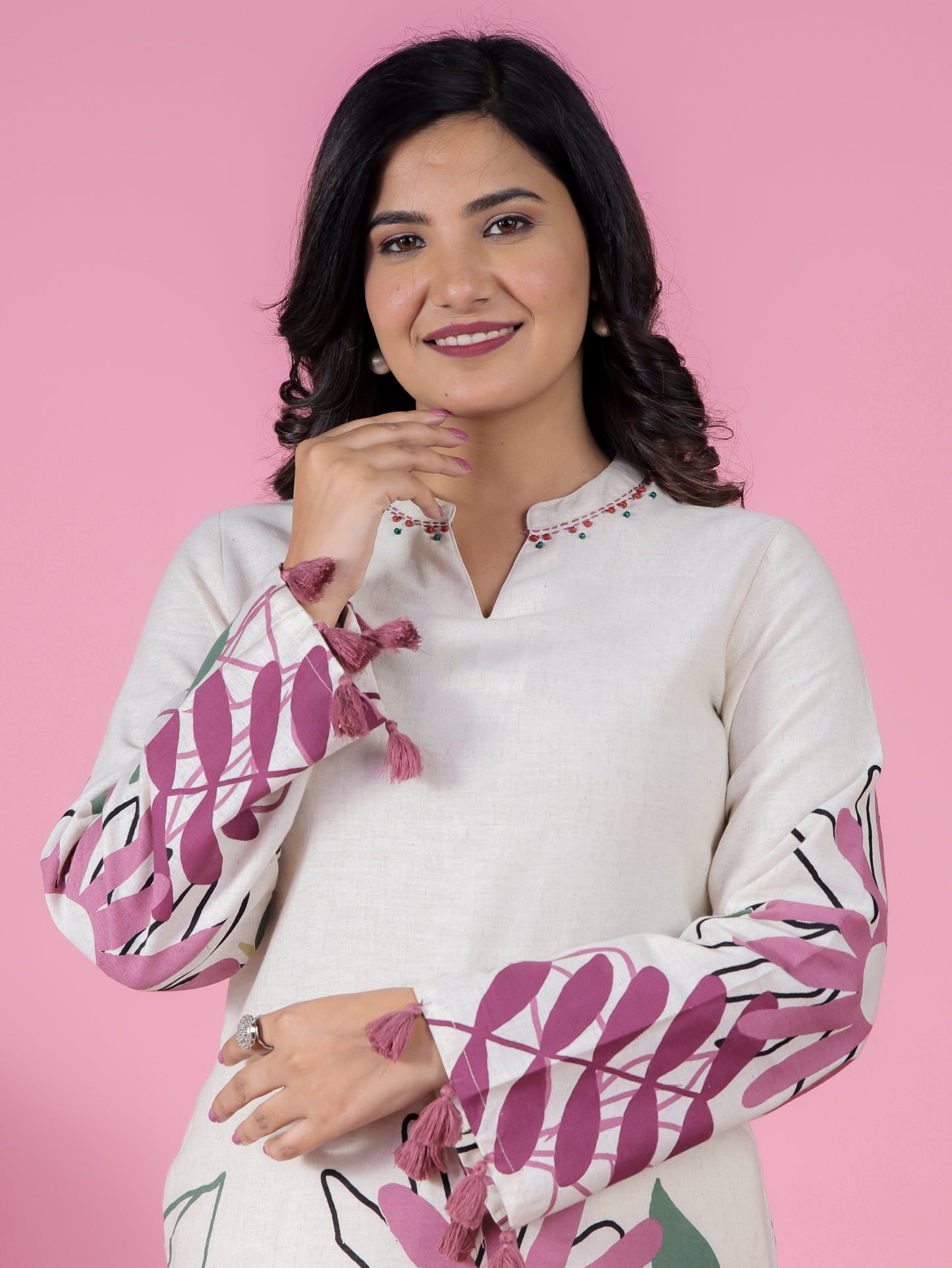 Cotton Linen Placement Print Straight Cream Kurta