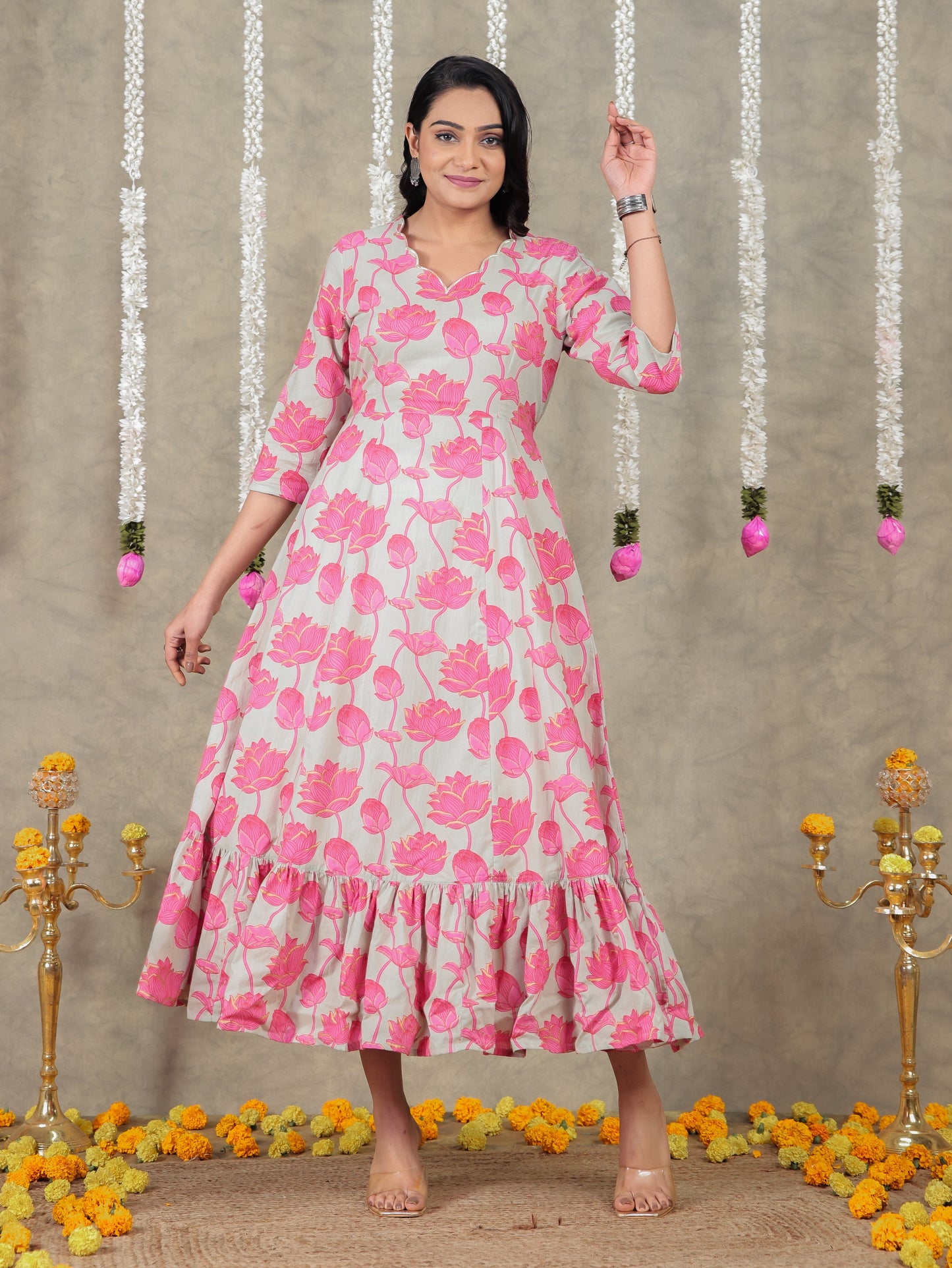 Embroidered Soft Cotton Floral Tiered Grey Dress