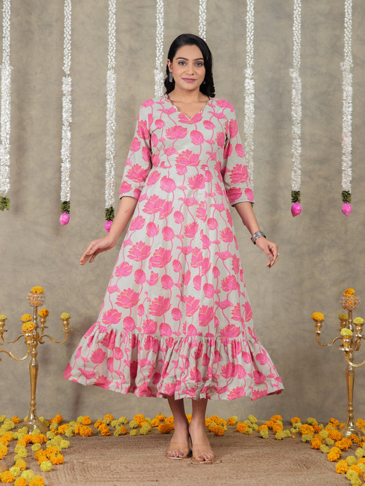 Embroidered Soft Cotton Floral Tiered Grey Dress