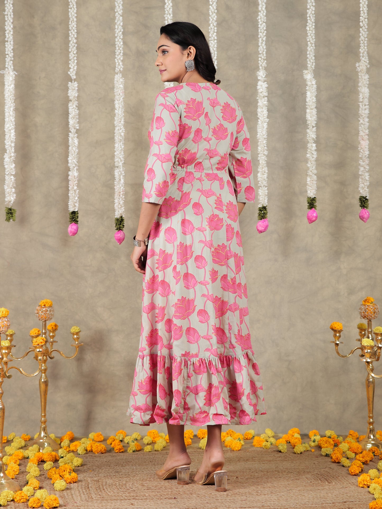 Embroidered Soft Cotton Floral Tiered Grey Dress