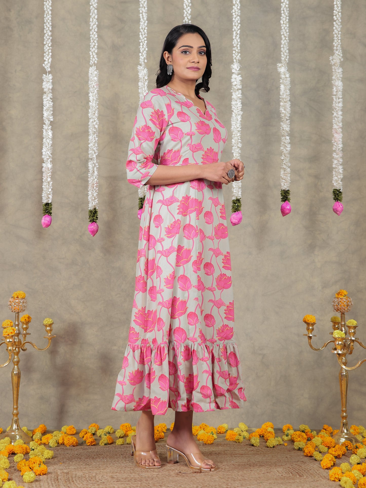 Embroidered Soft Cotton Floral Tiered Grey Dress
