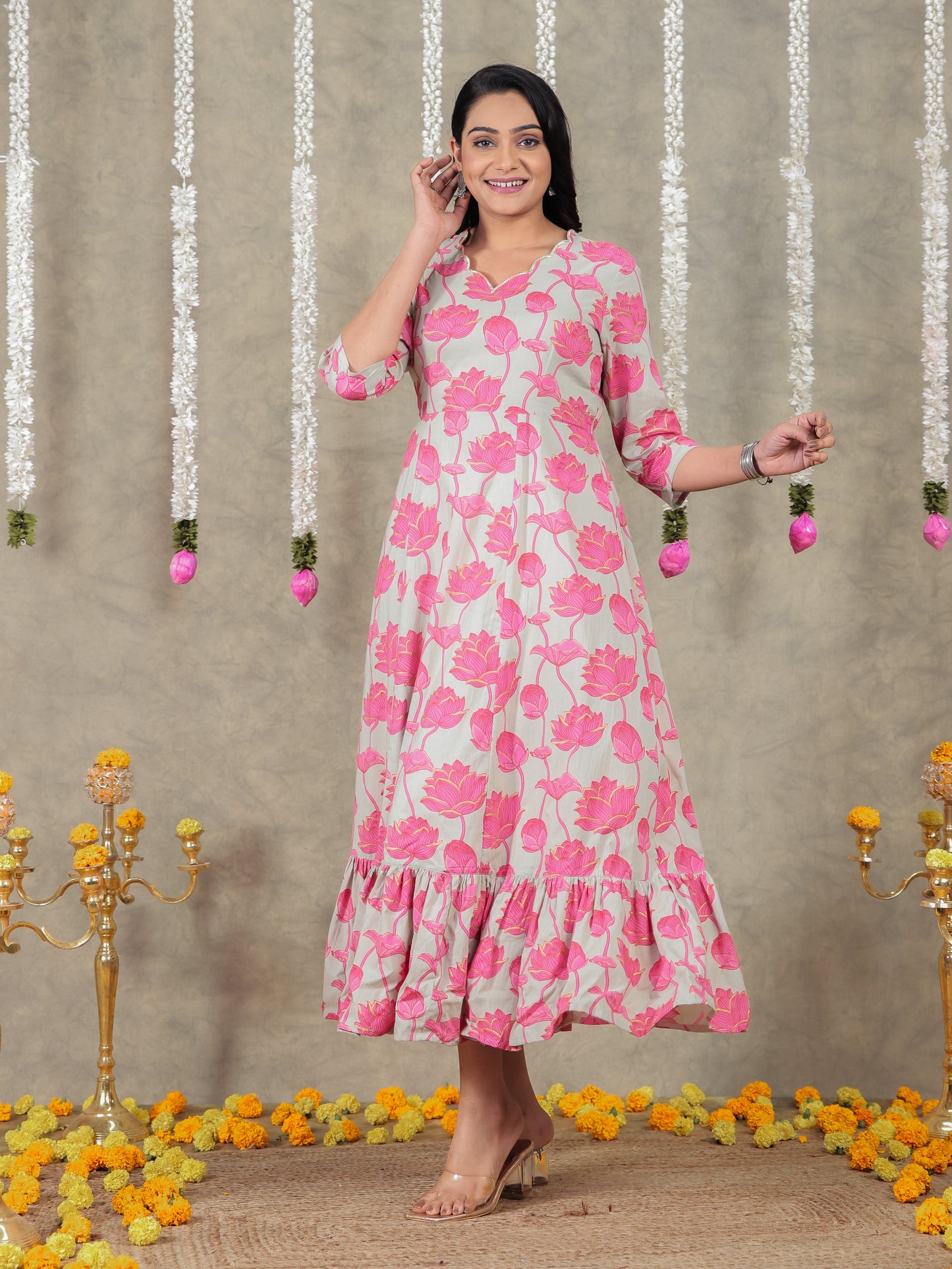 Embroidered Soft Cotton Floral Tiered Grey Dress
