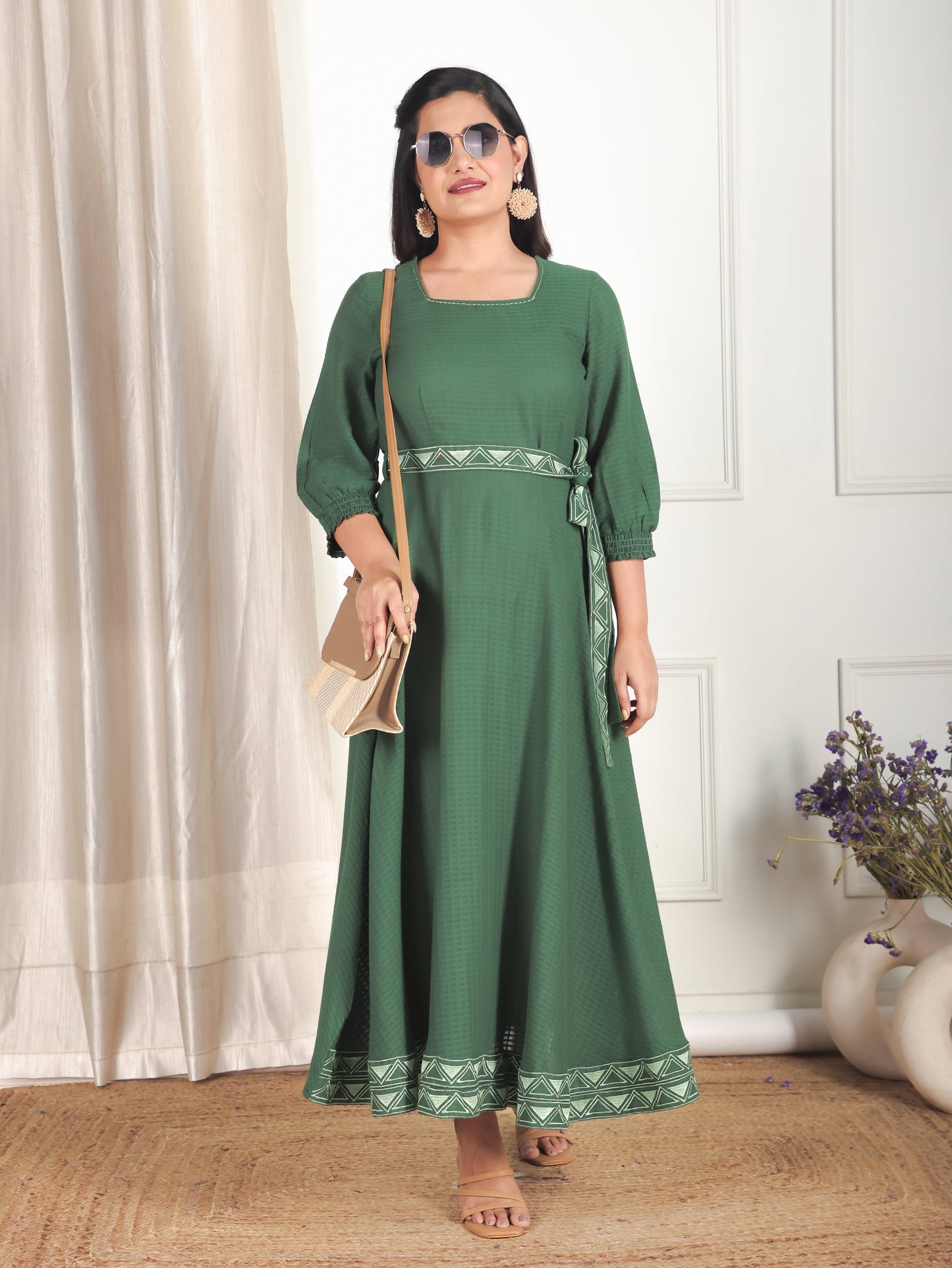 Embroidered Cotton Dobby Solid Anarkali Green Dress