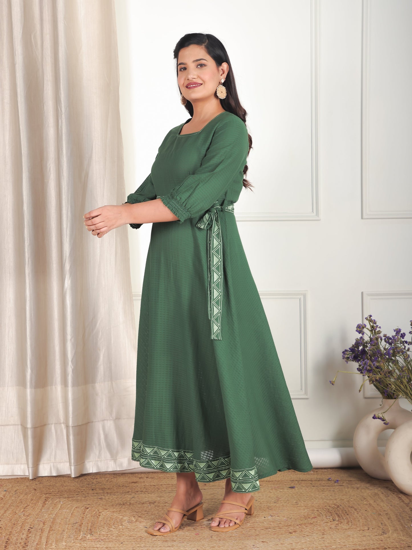 Embroidered Cotton Dobby Solid Anarkali Green Dress