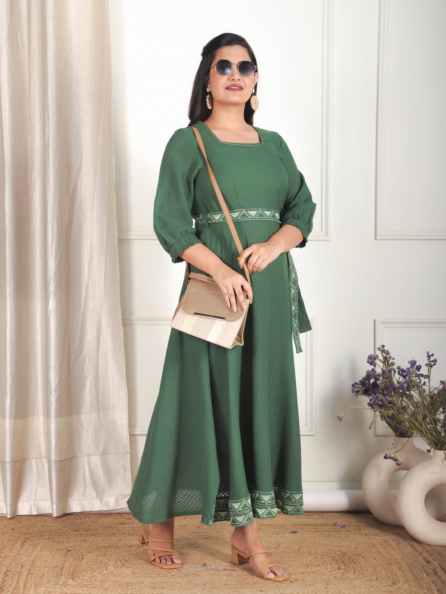 Embroidered Cotton Dobby Solid Anarkali Green Dress