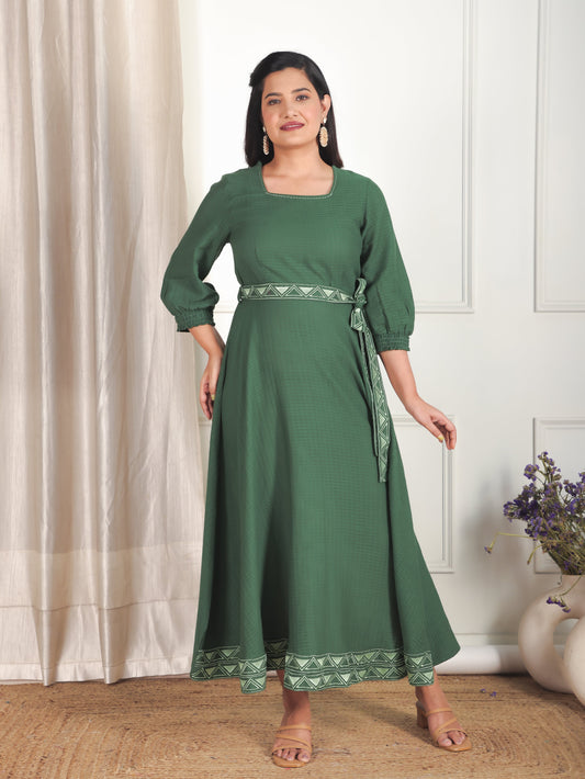 Embroidered Cotton Dobby Solid Anarkali Green Dress