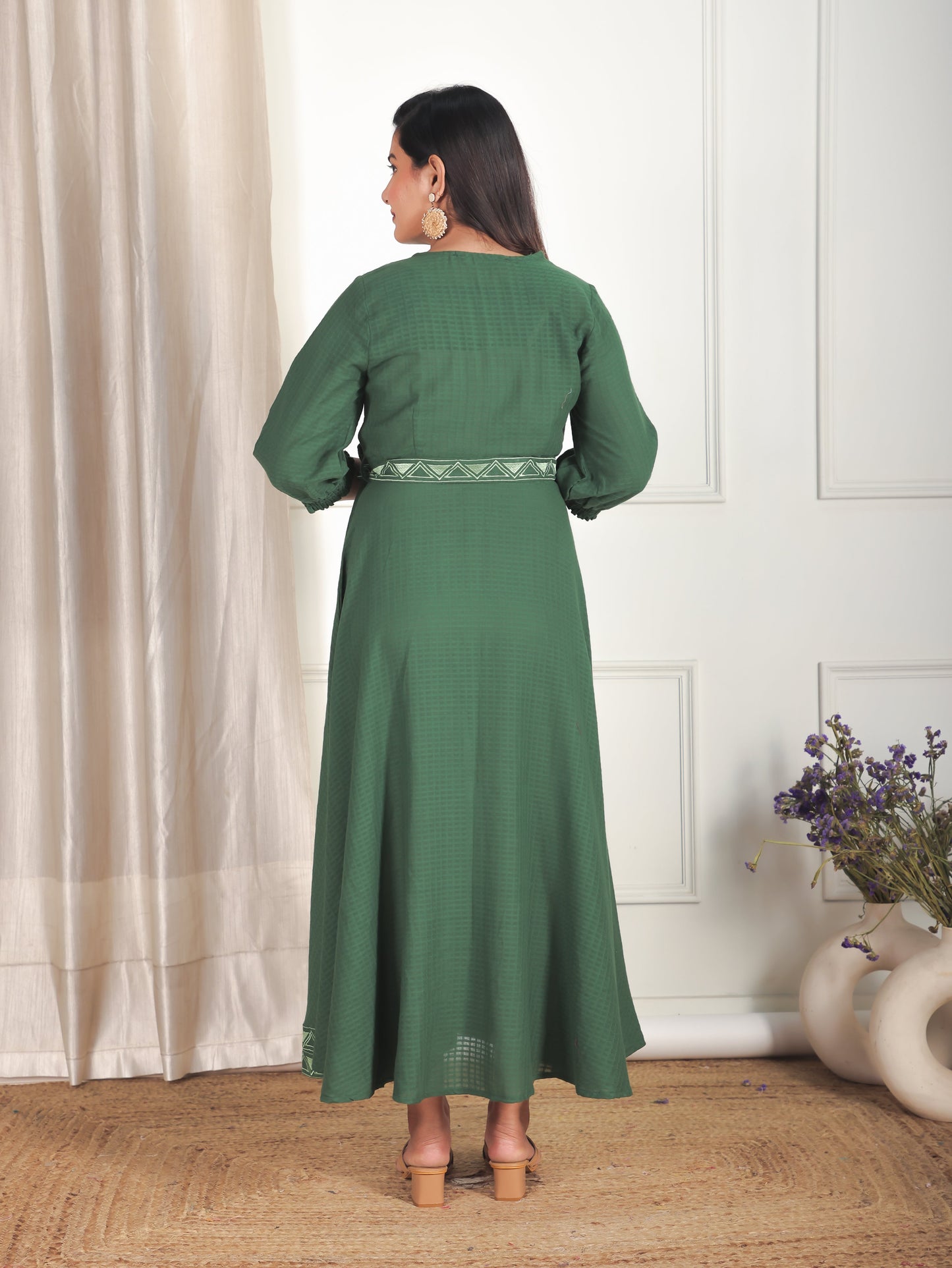 Embroidered Cotton Dobby Solid Anarkali Green Dress