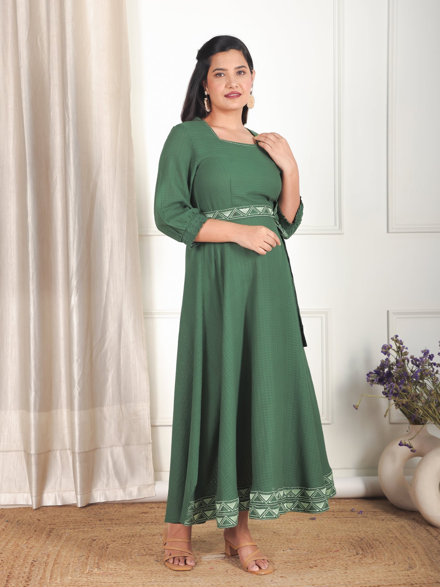 Embroidered Cotton Dobby Solid Anarkali Green Dress