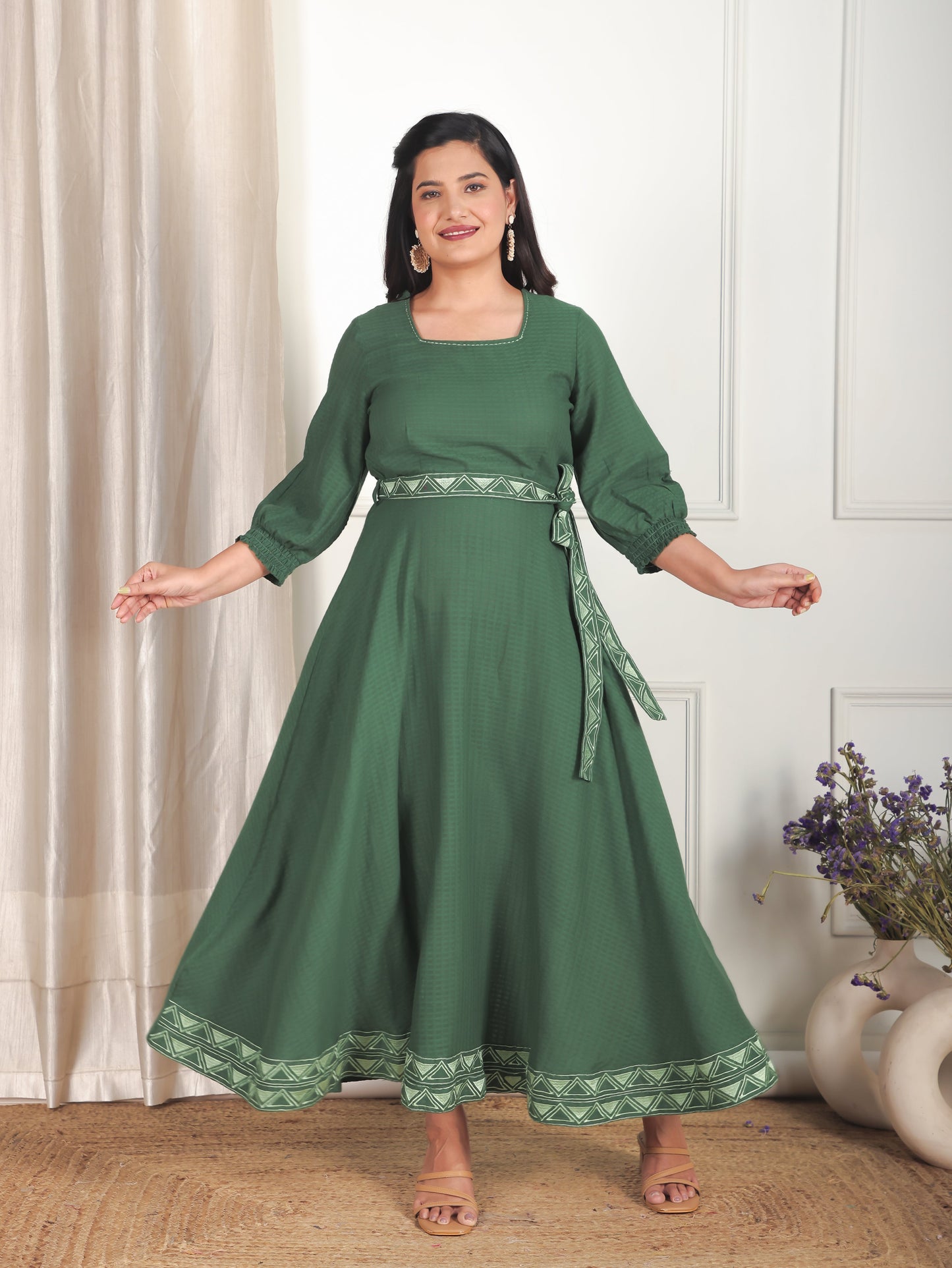 Embroidered Cotton Dobby Solid Anarkali Green Dress