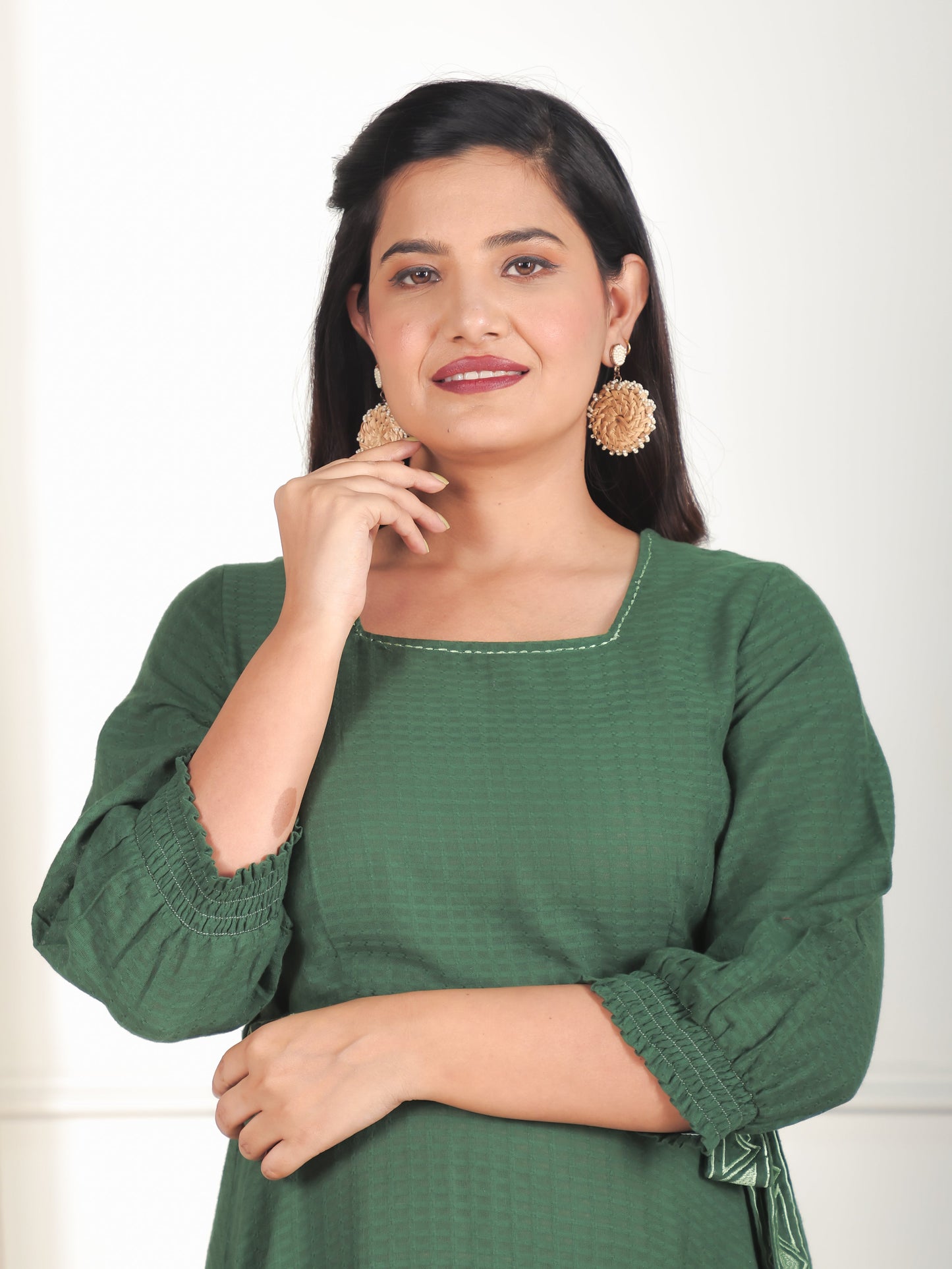 Embroidered Cotton Dobby Solid Anarkali Green Dress