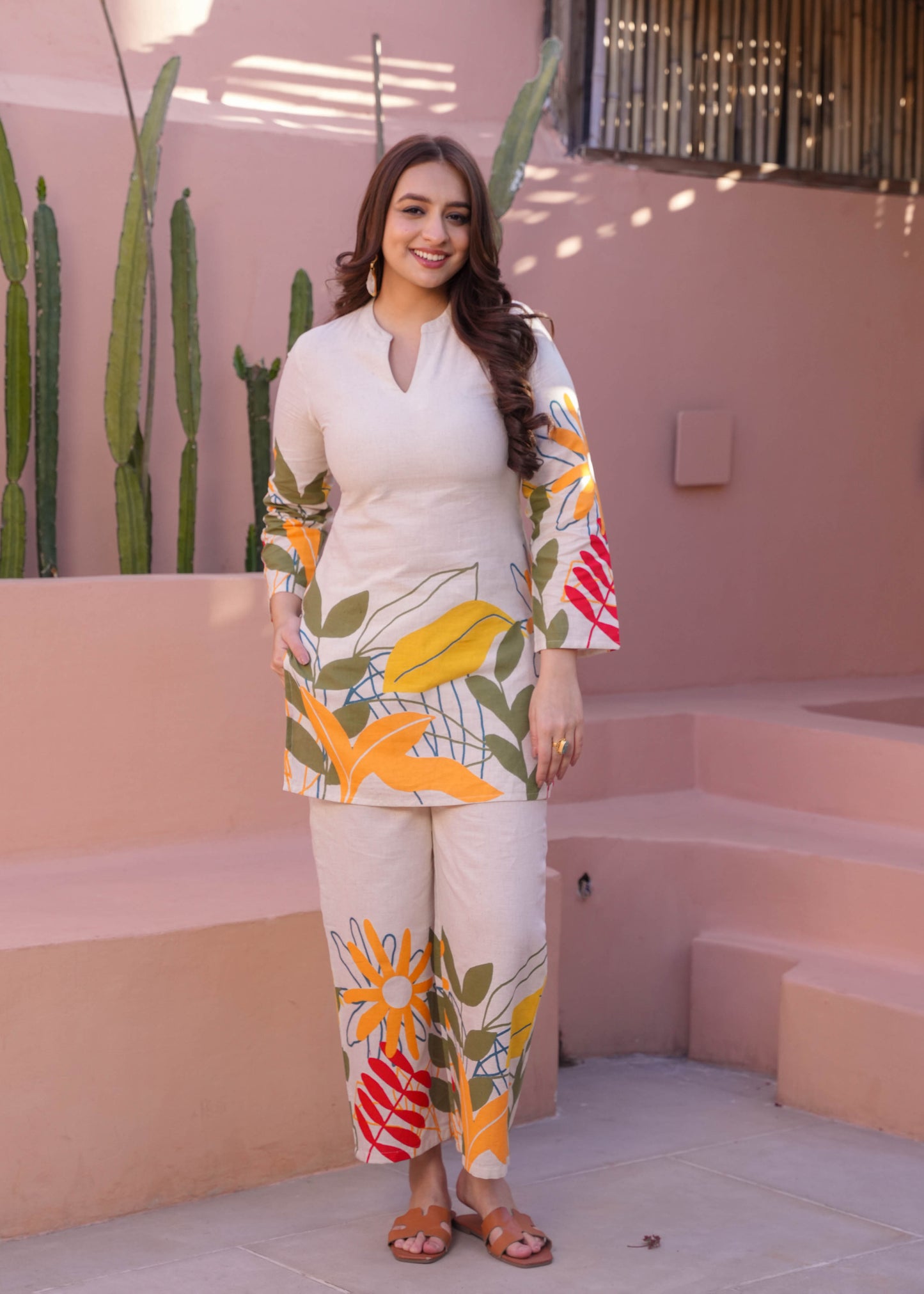 Linen Cotton Foliage Straight Off White Kurta