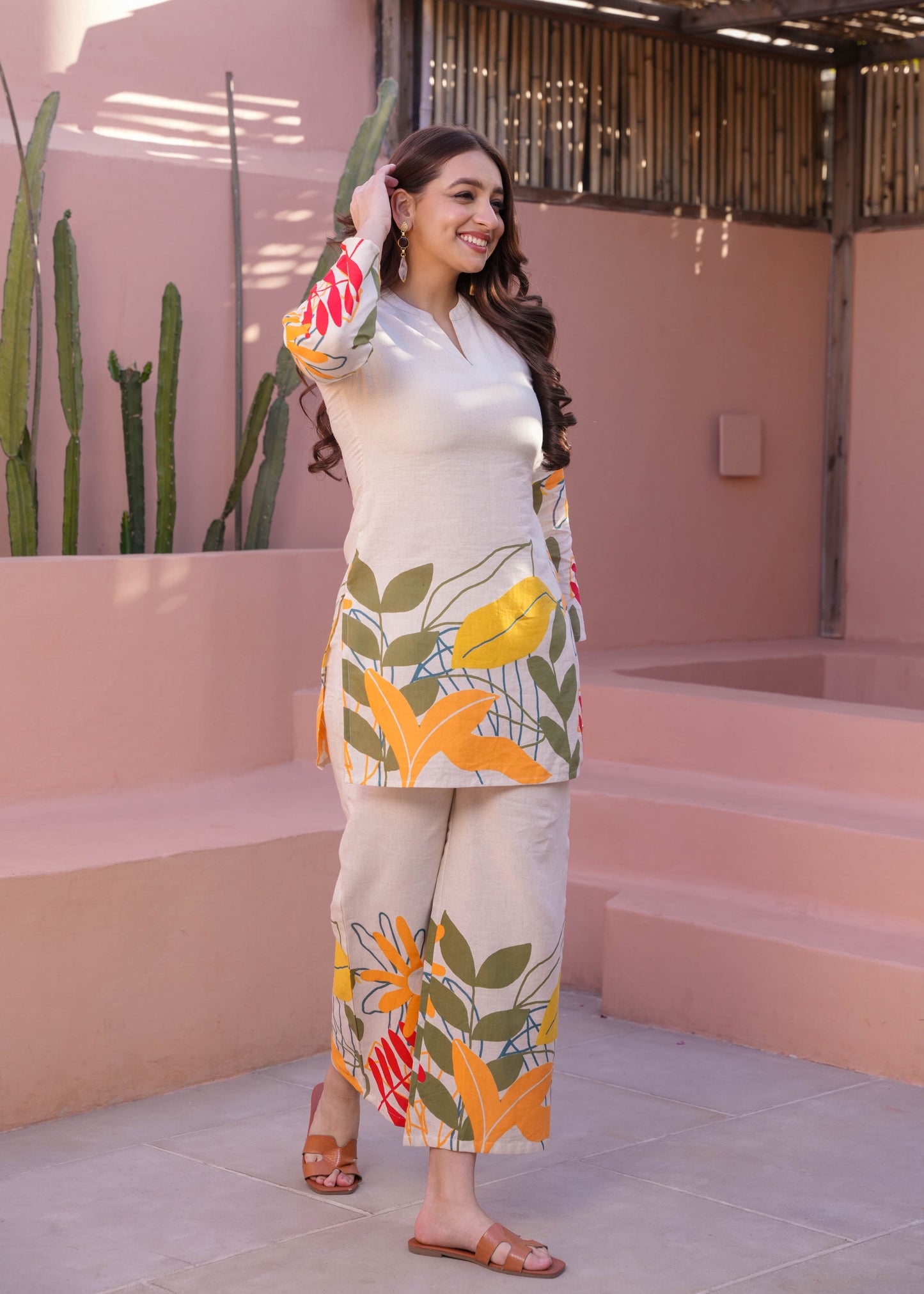 Linen Cotton Foliage Straight Off White Kurta