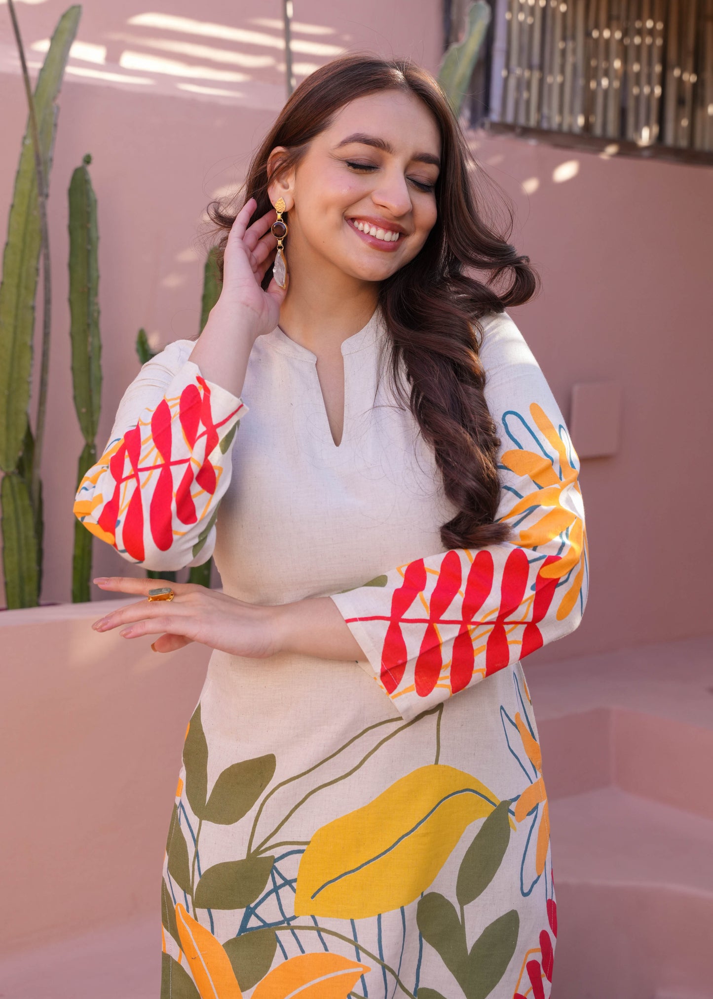 Linen Cotton Foliage Straight Off White Kurta