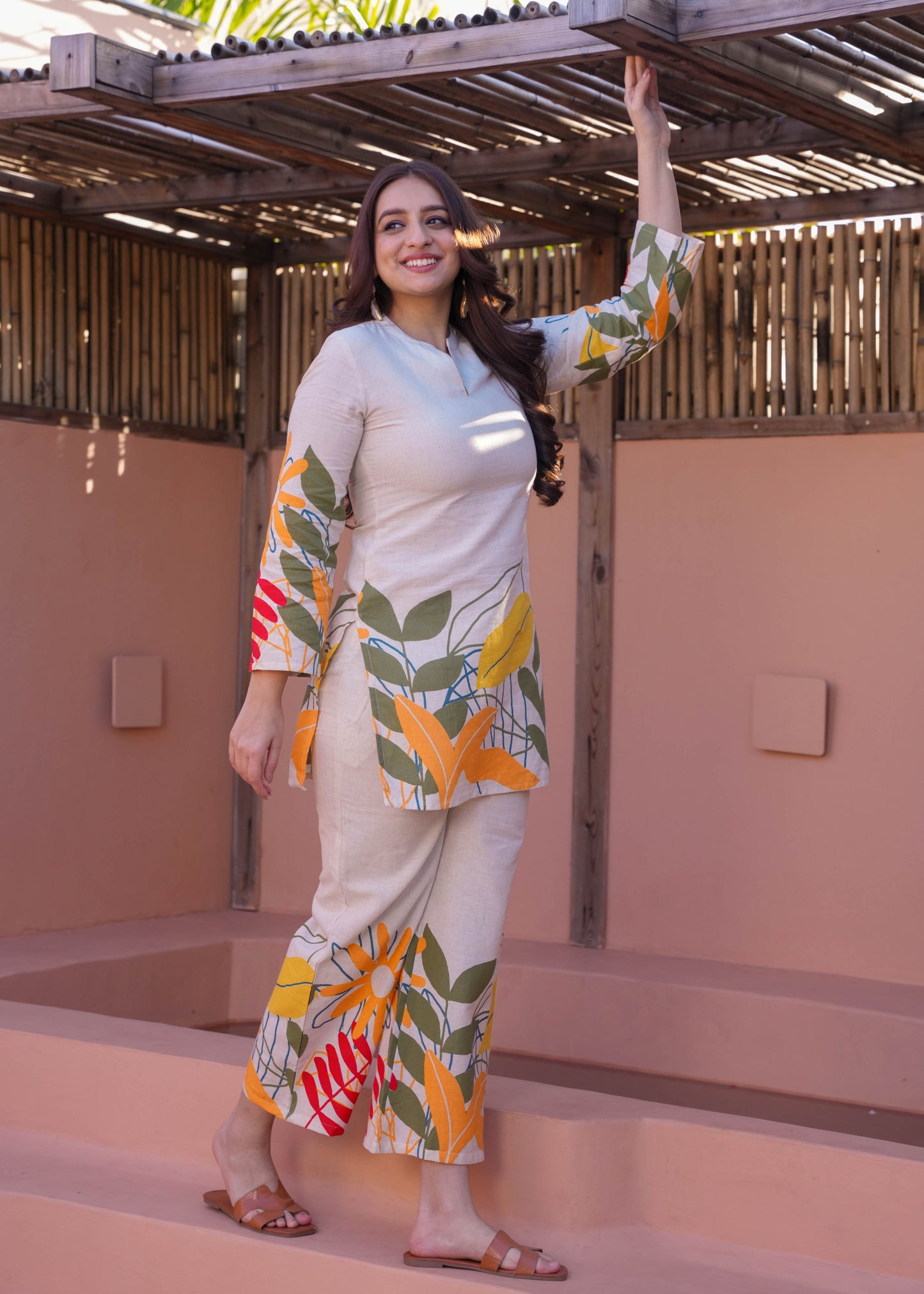 Linen Cotton Foliage Straight Off White Kurta