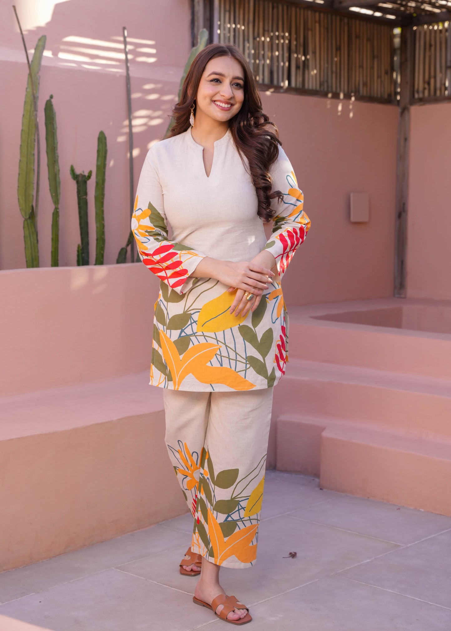 Linen Cotton Foliage Straight Off White Kurta