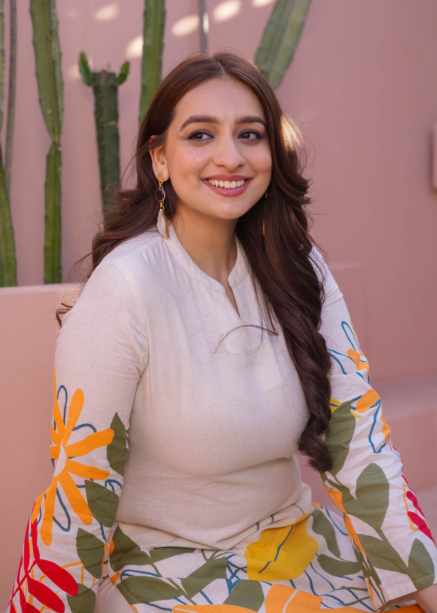 Linen Cotton Foliage Straight Off White Kurta