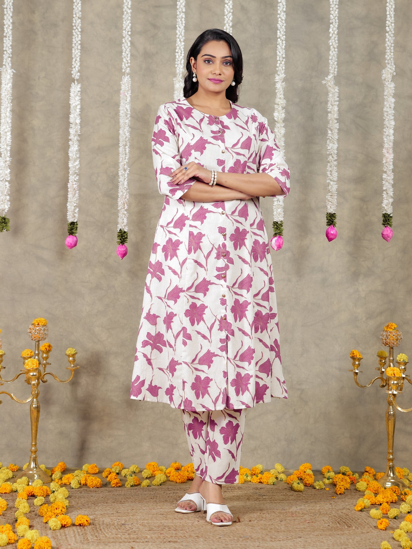 Linen Cotton Floral Flared Off White Kurta