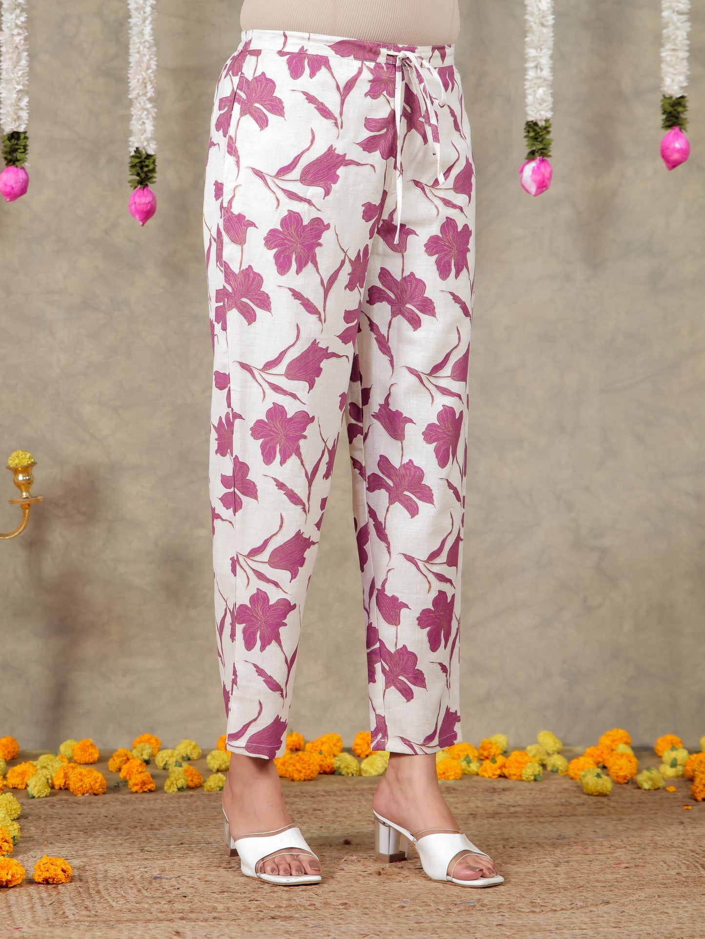 Linen Cotton Floral Flared Off White Kurta