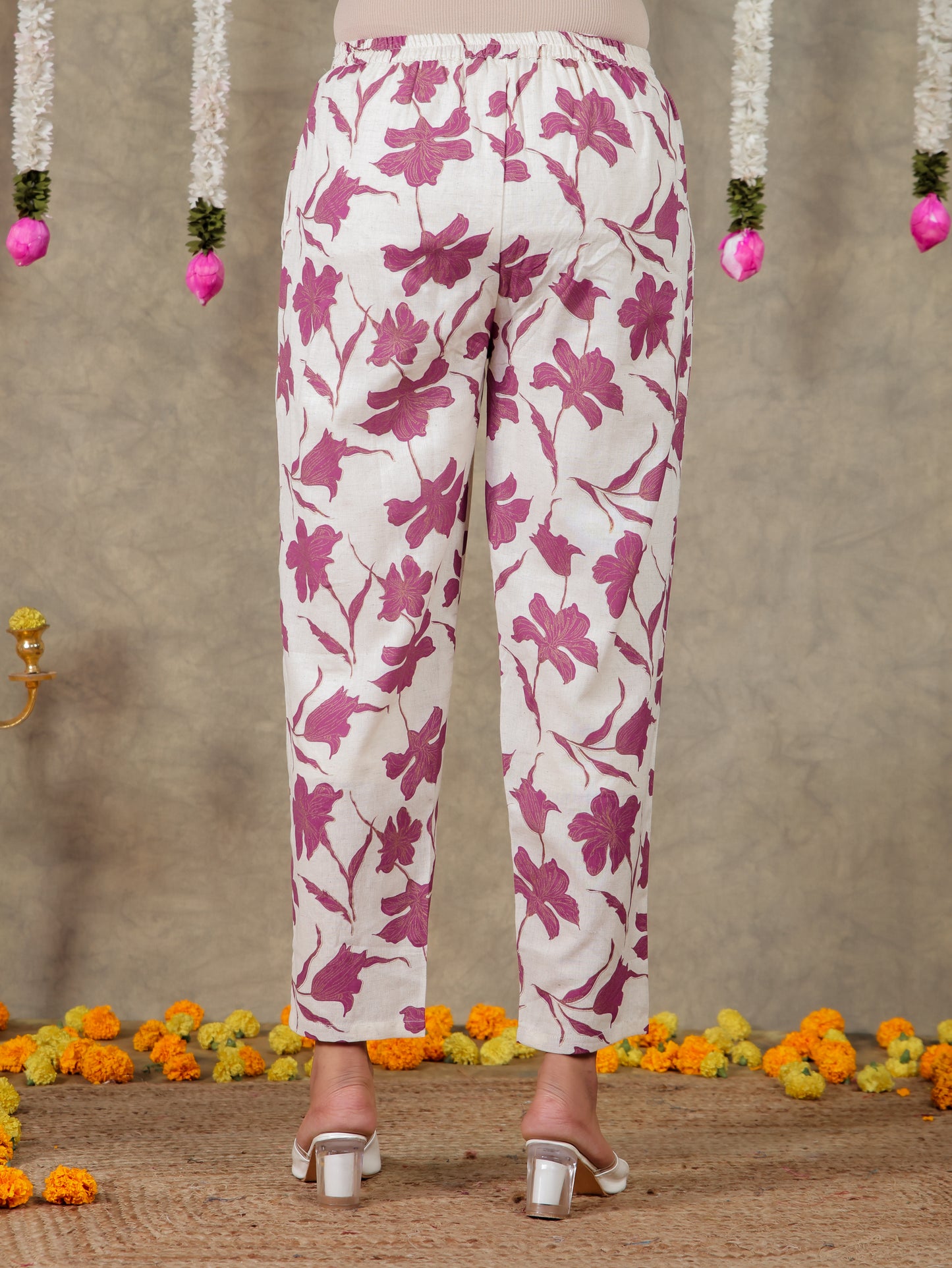 Linen Cotton Floral Flared Off White Kurta