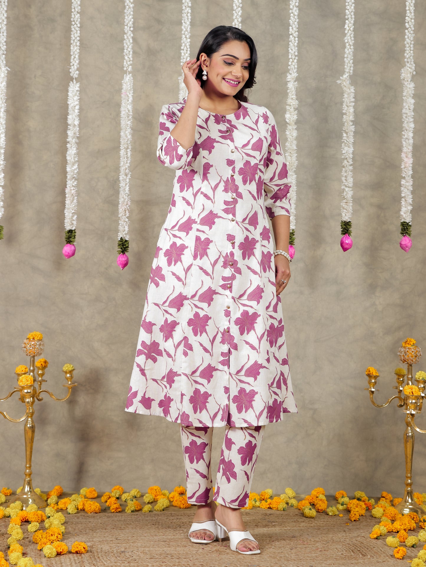 Linen Cotton Floral Flared Off White Kurta
