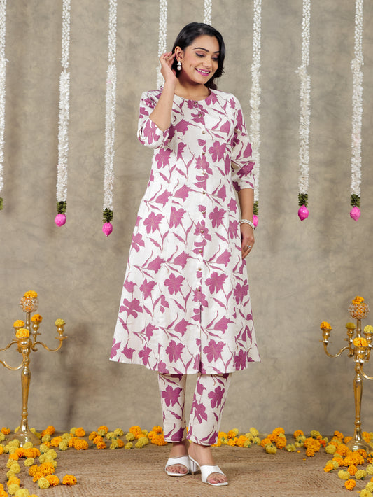 Linen Cotton Floral Flared Off White Kurta