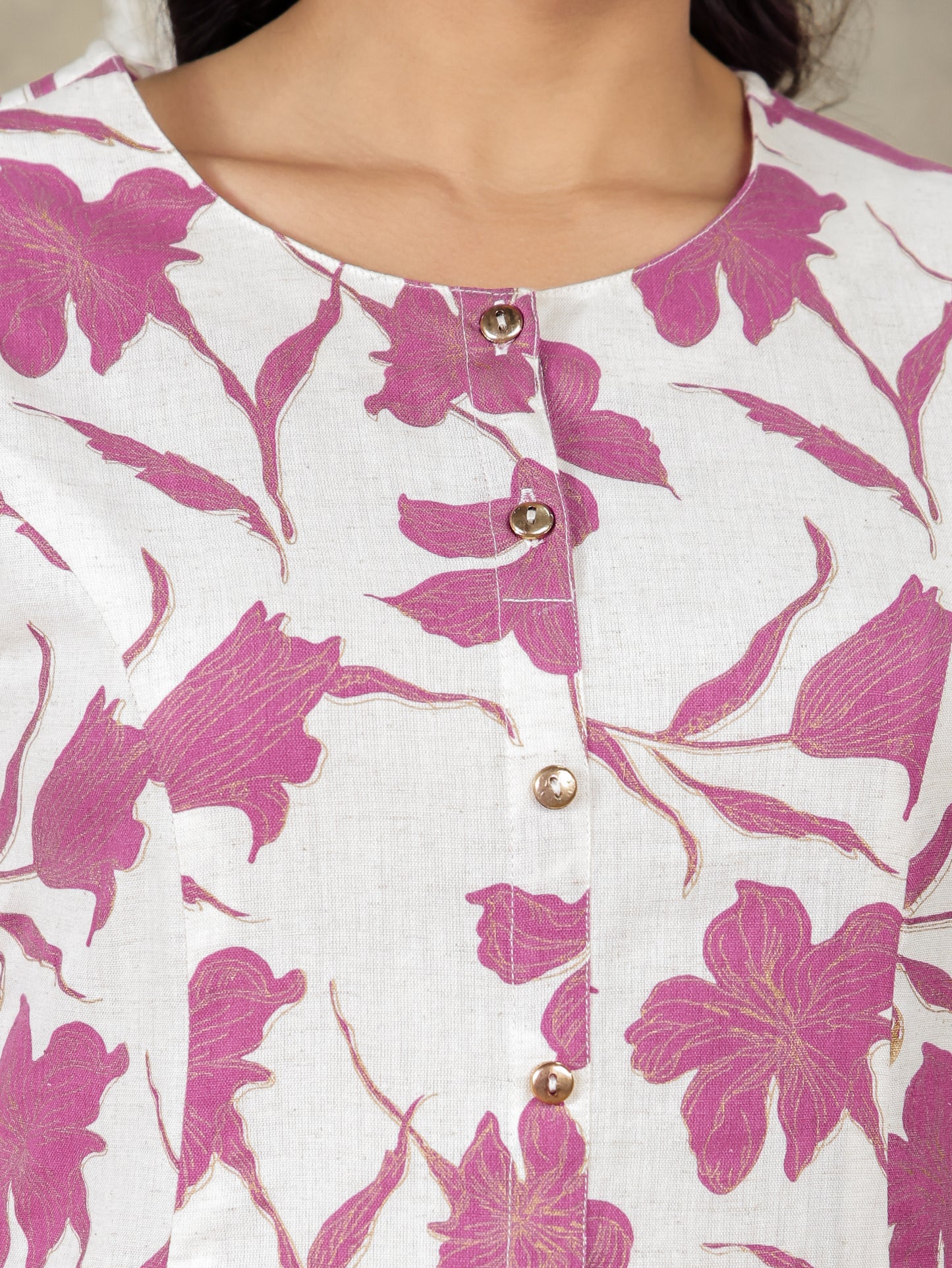 Linen Cotton Floral Flared Off White Kurta