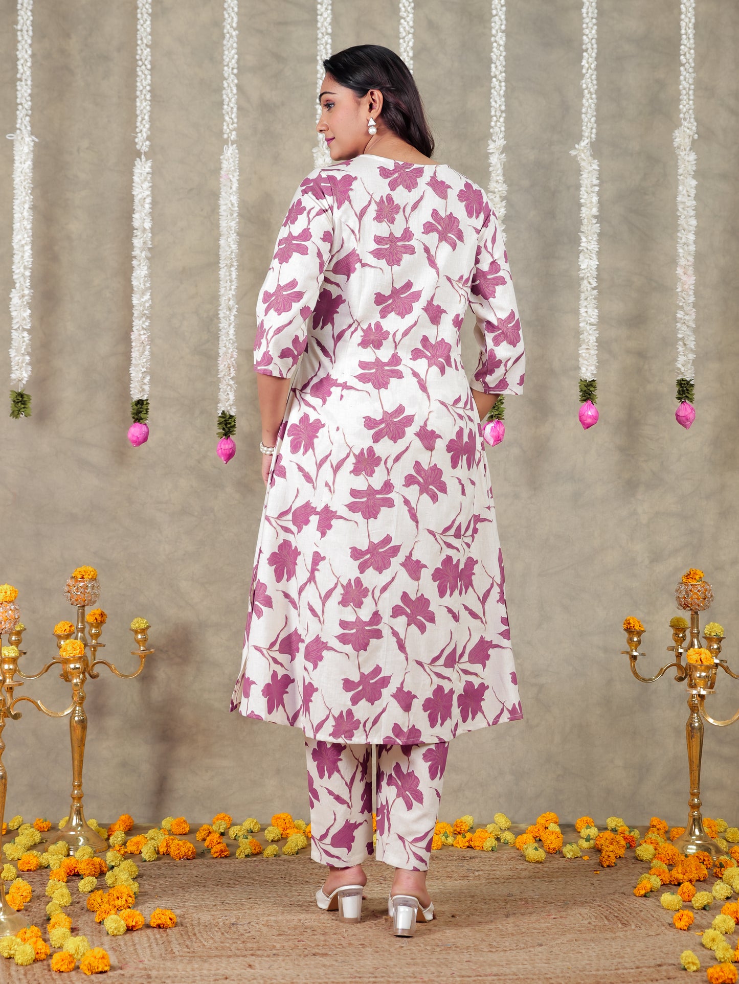 Linen Cotton Floral Flared Off White Kurta