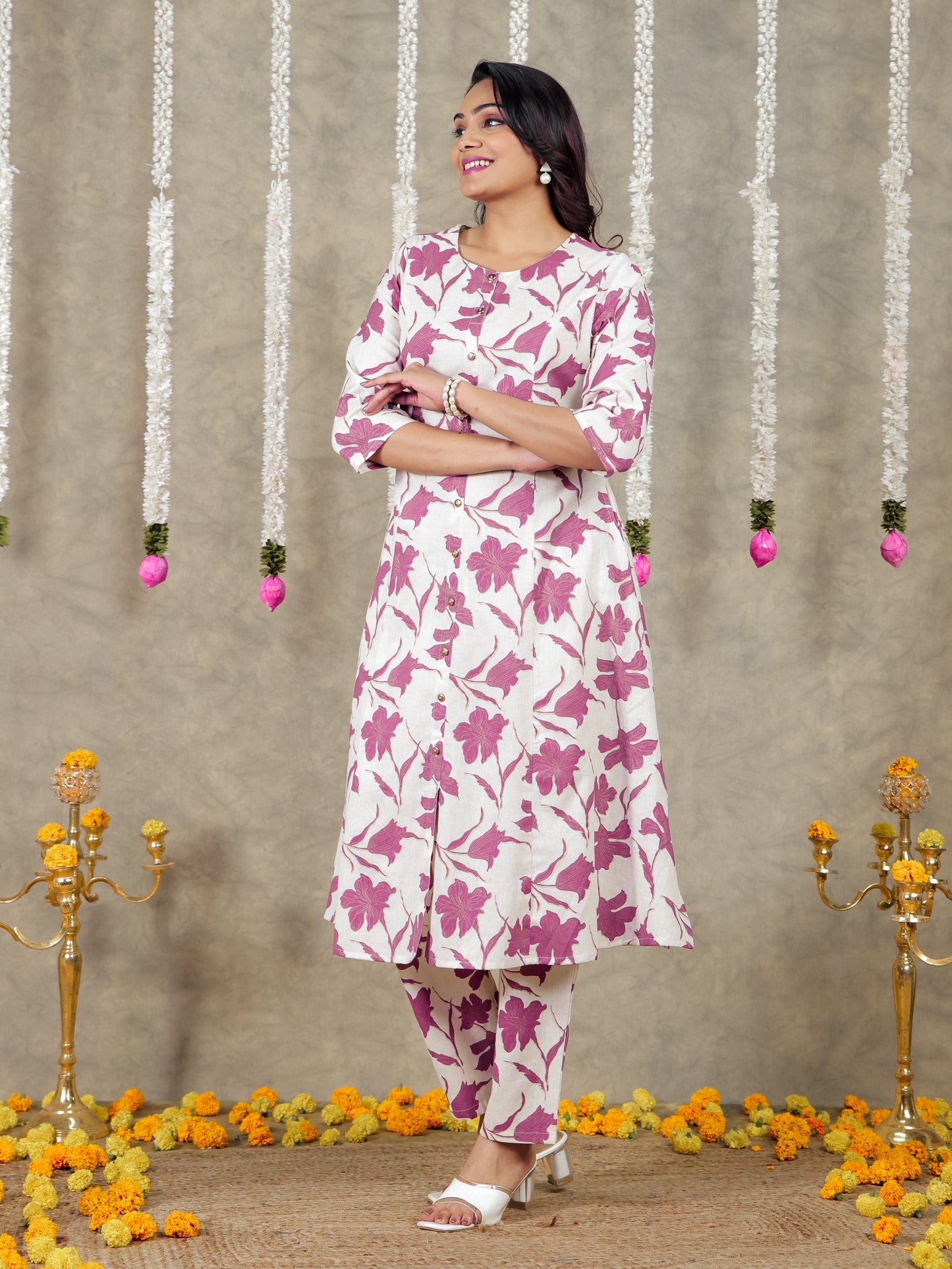 Linen Cotton Floral Flared Off White Kurta