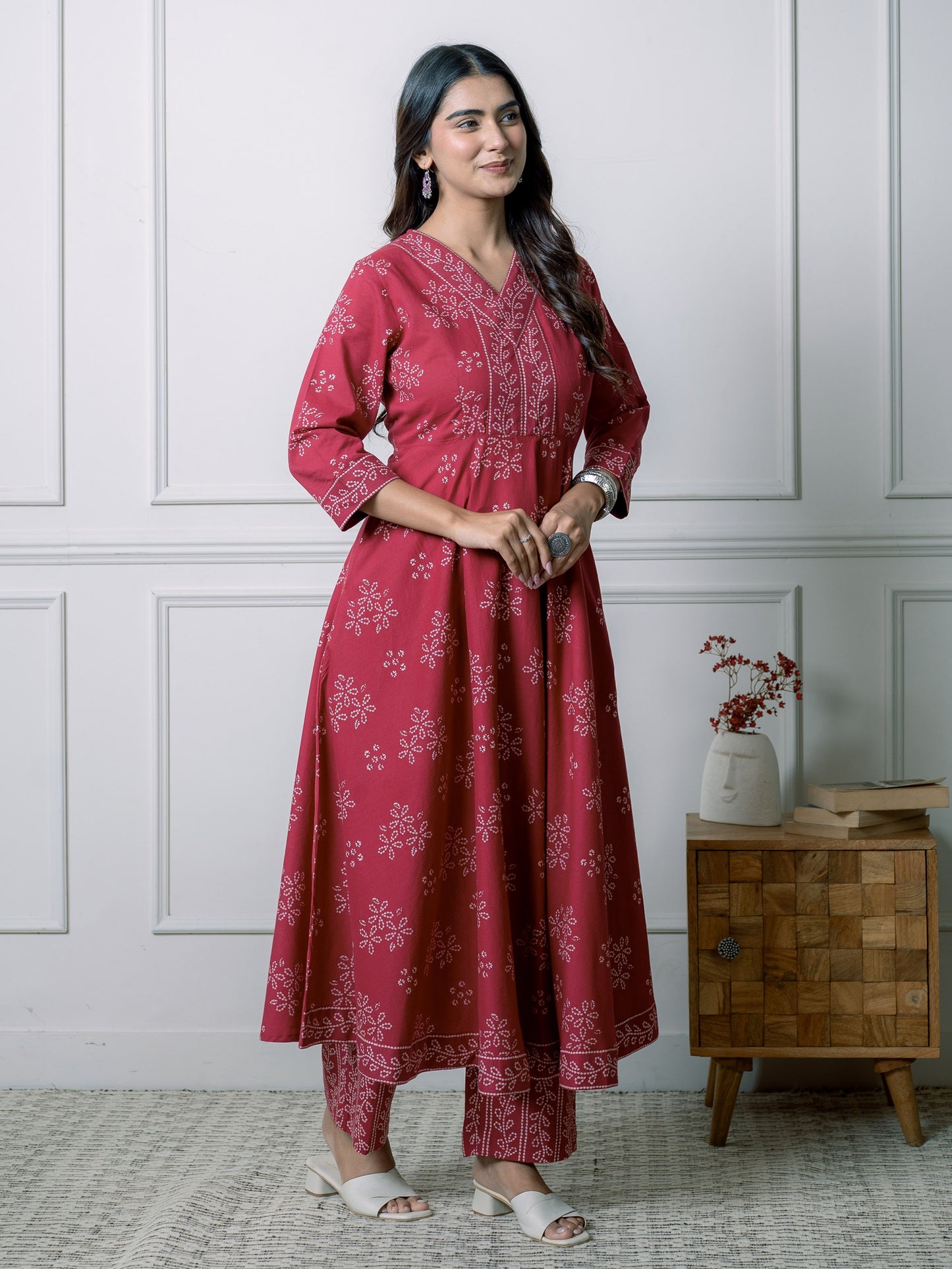 Embroidered Soft Cotton Floral Anarkali Maroon Kurta