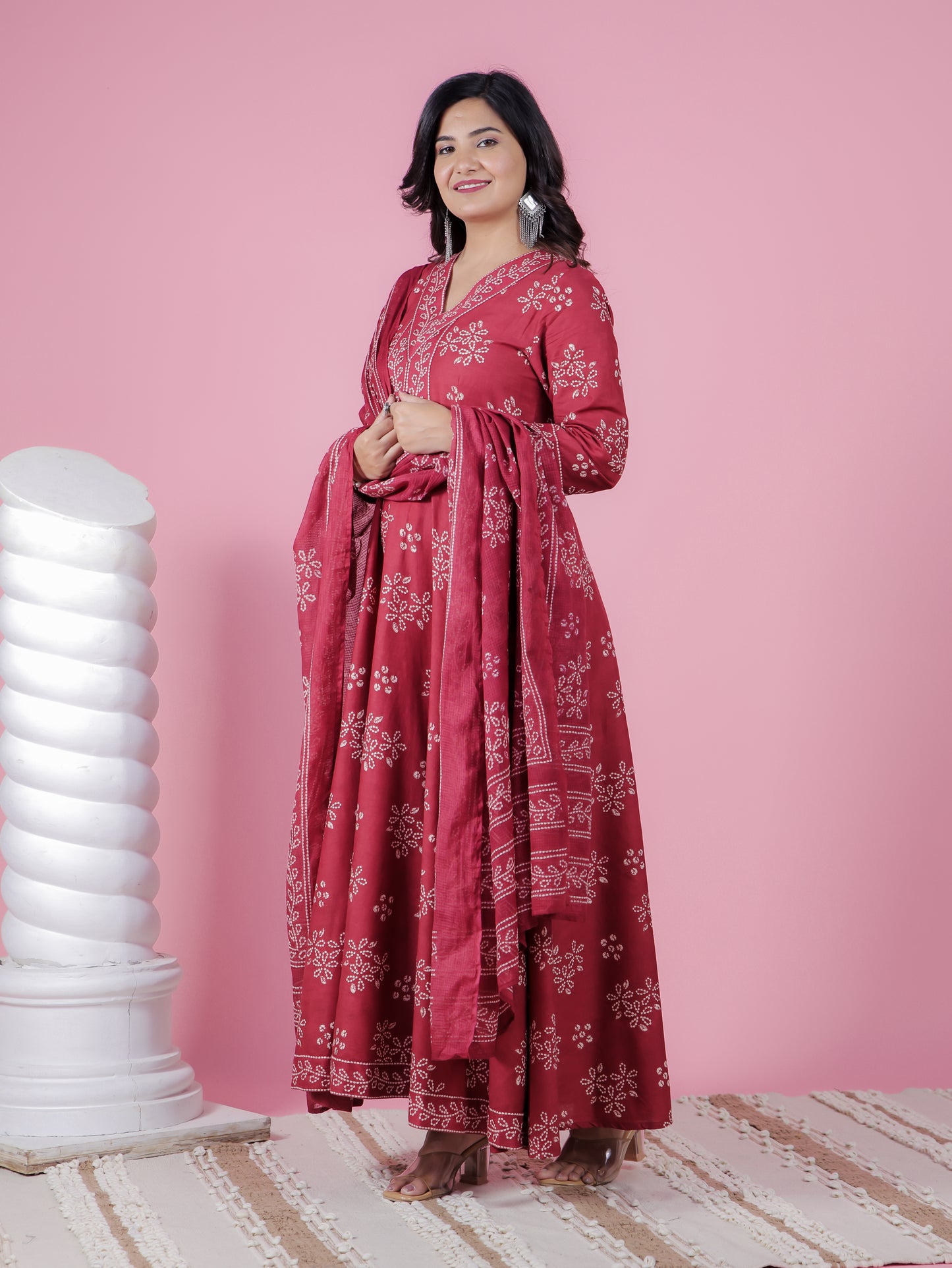 Embroidered Soft Cotton Floral Flared Maroon Kurta