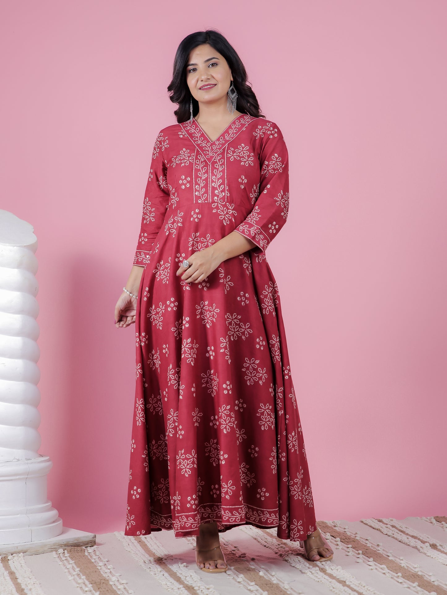 Embroidered Soft Cotton Floral Flared Maroon Kurta