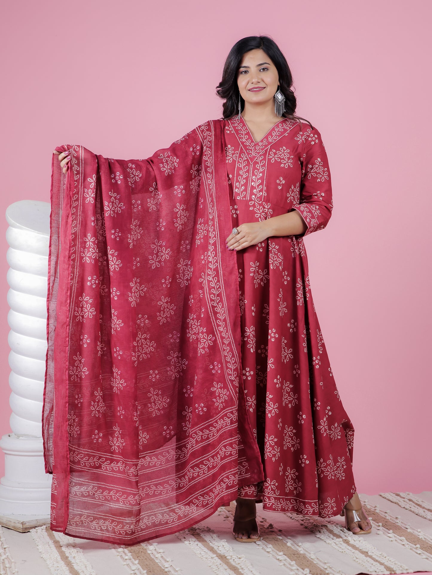 Embroidered Soft Cotton Floral Flared Maroon Kurta