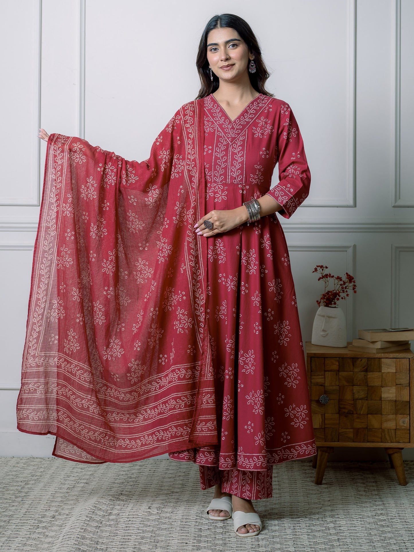 Embroidered Soft Cotton Floral Anarkali Maroon Kurta